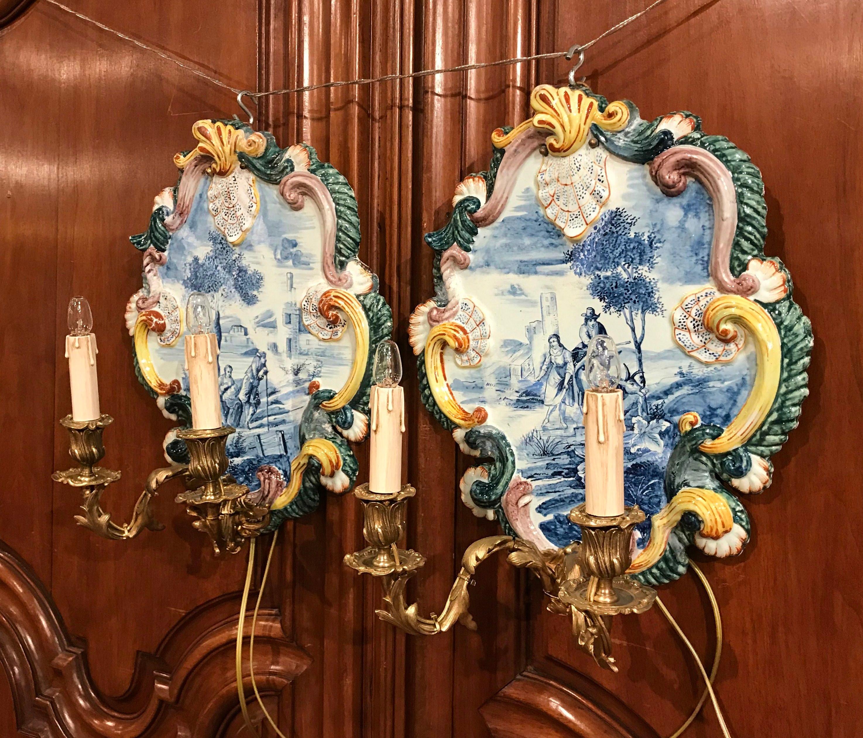 Pair of 19th Century French Louis XV Bronze and Painted Ceramic Wall Sconces 3