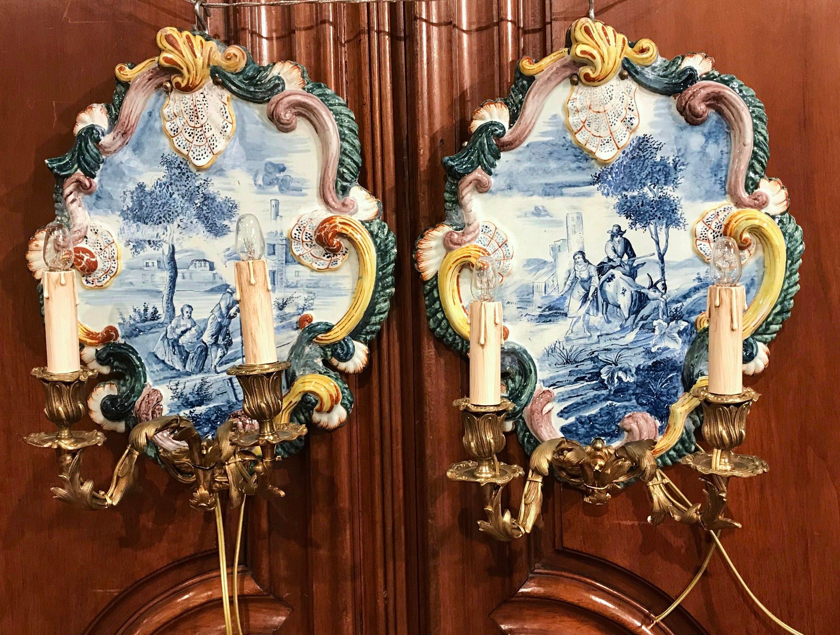 Pair of 19th Century French Louis XV Bronze and Painted Ceramic Wall Sconces 4