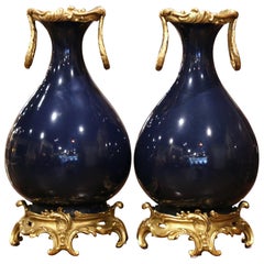 Pair of 19th Century French Louis XV Bronze Doré and Cobalt Blue Porcelain Vases
