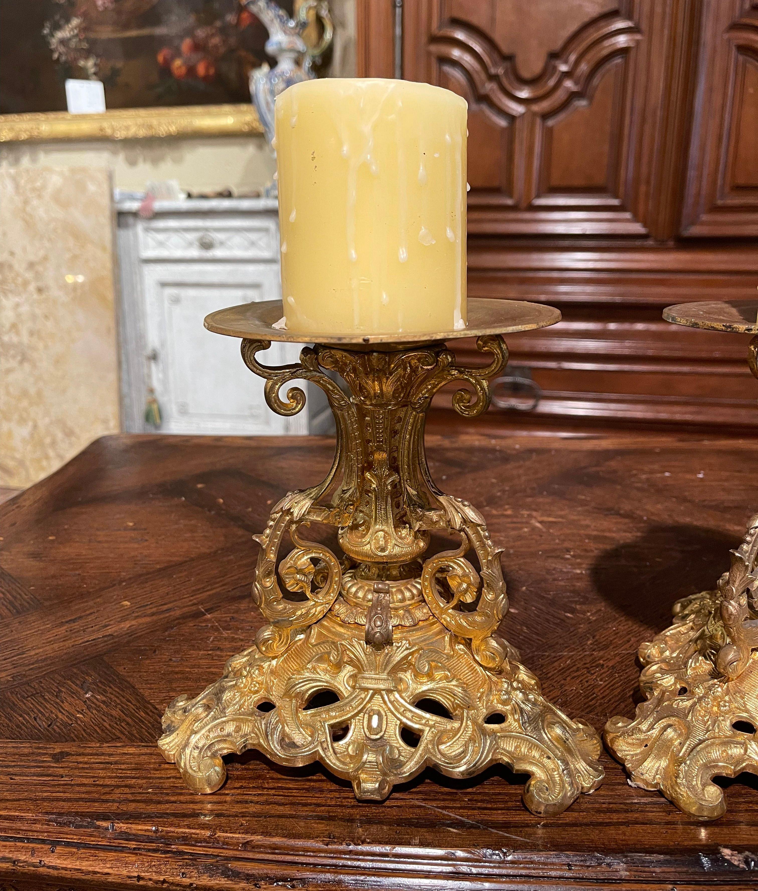 Hand-Crafted Pair of 19th Century French Louis XV Bronze Dore Candle Holders