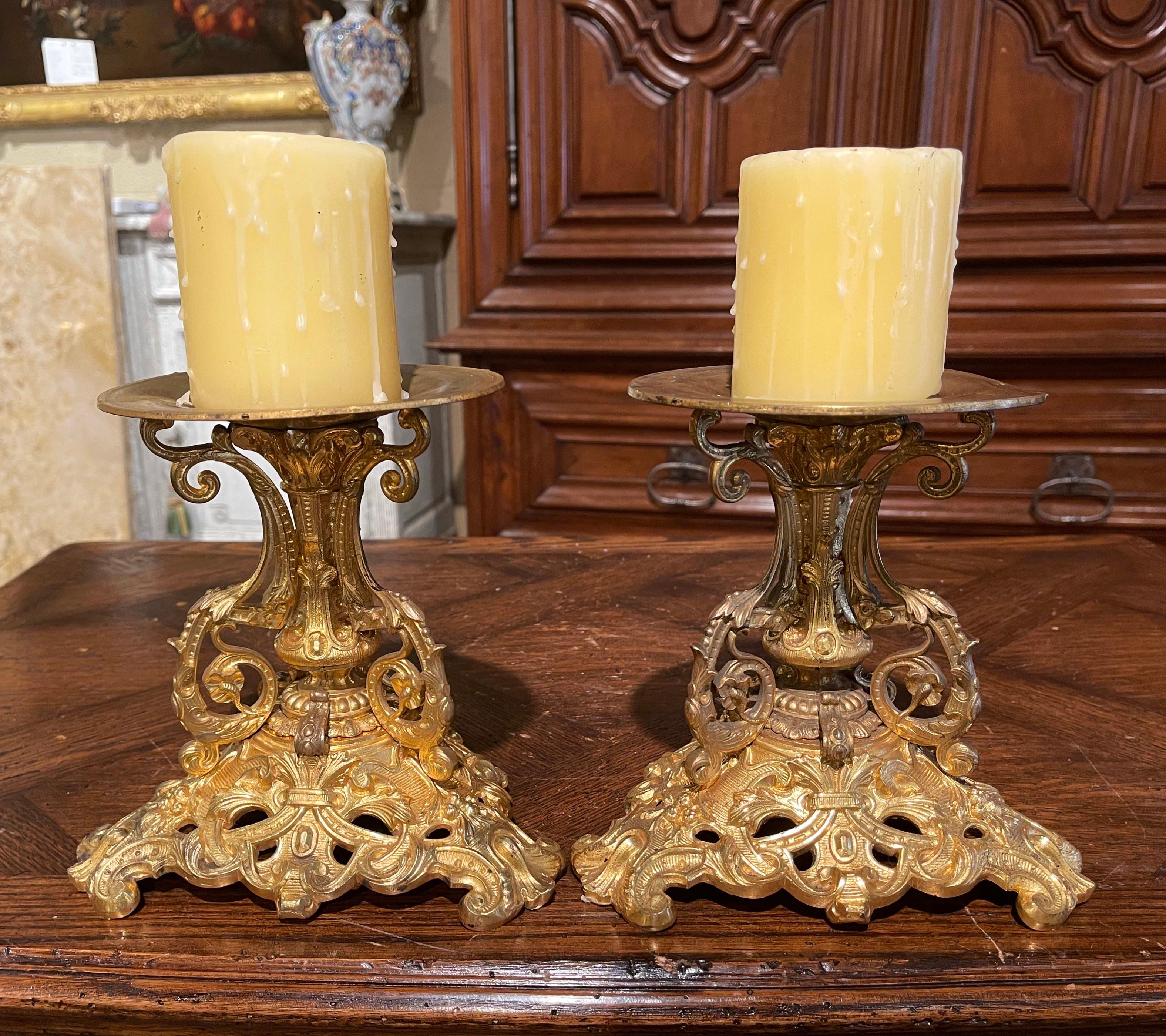 Pair of 19th Century French Louis XV Bronze Dore Candle Holders 2