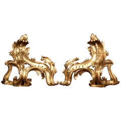 Pair of 19th Century French Louis XV Bronze Doré Chenets Andirons