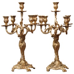 Pair of 19th Century French Louis XV Bronze Dore Five-Arm Candelabras