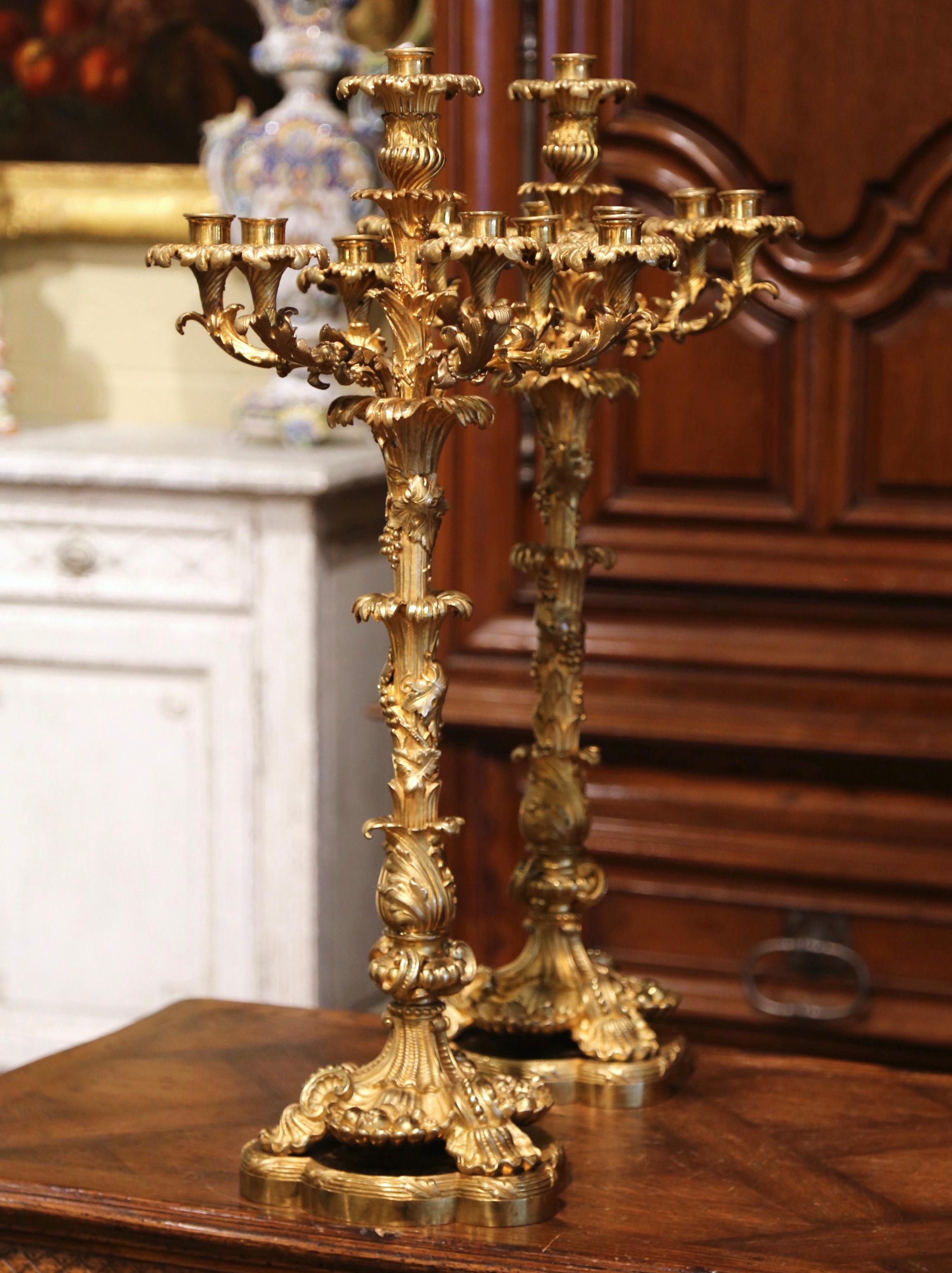 Pair of 19th Century French Louis XV Bronze Dore Seven-Light Candelabras 8