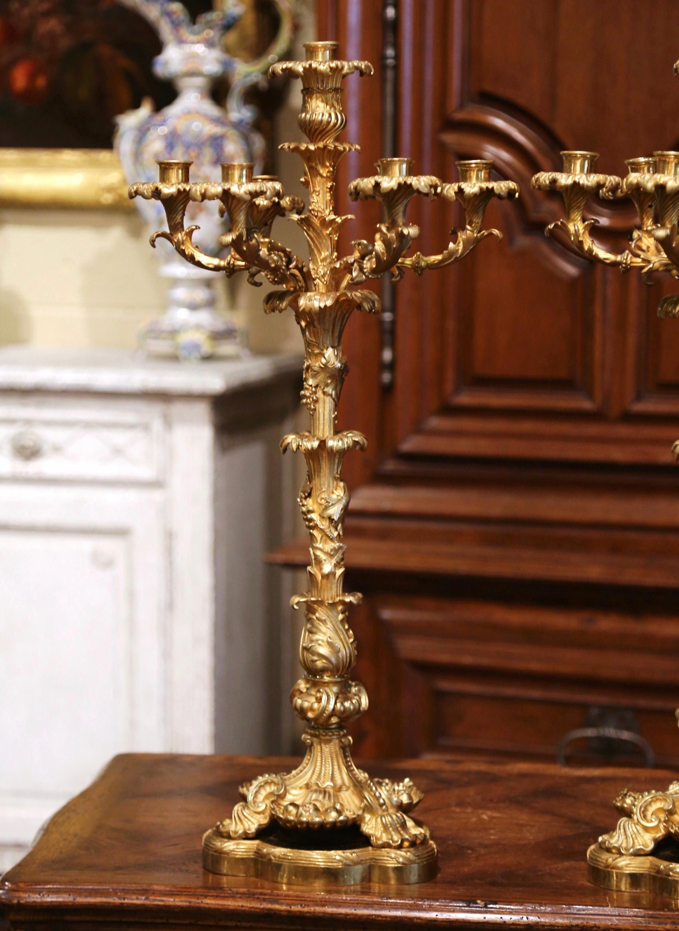 Decorate a mantel or a dining room table with this important pair of antique candle holders. Crafted in France circa 1860, each bronze dore light stands on an intricate scalloped base decorated with fruit and shell motifs. The tall center stem is