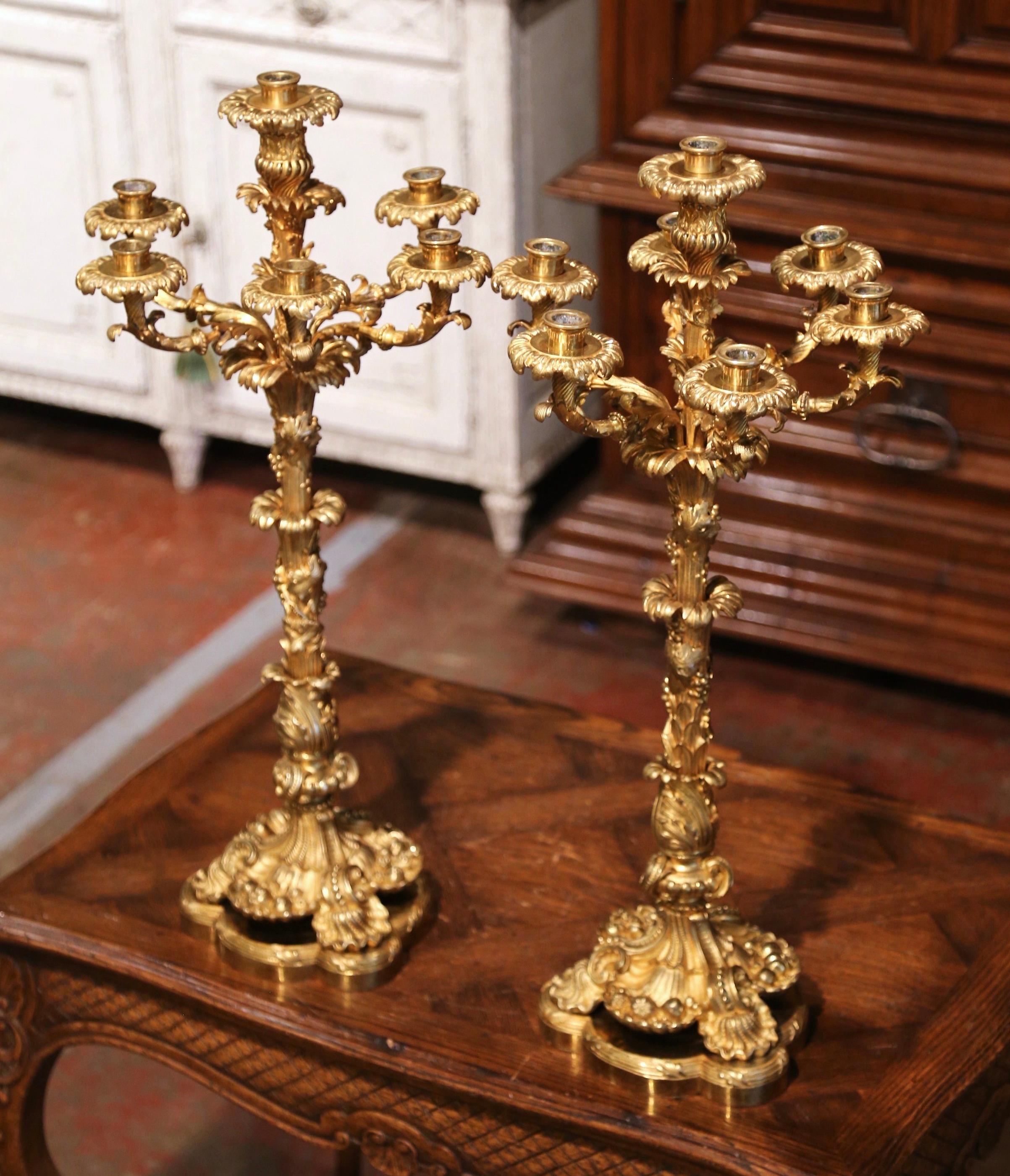 Pair of 19th Century French Louis XV Bronze Dore Seven-Light Candelabras In Excellent Condition In Dallas, TX