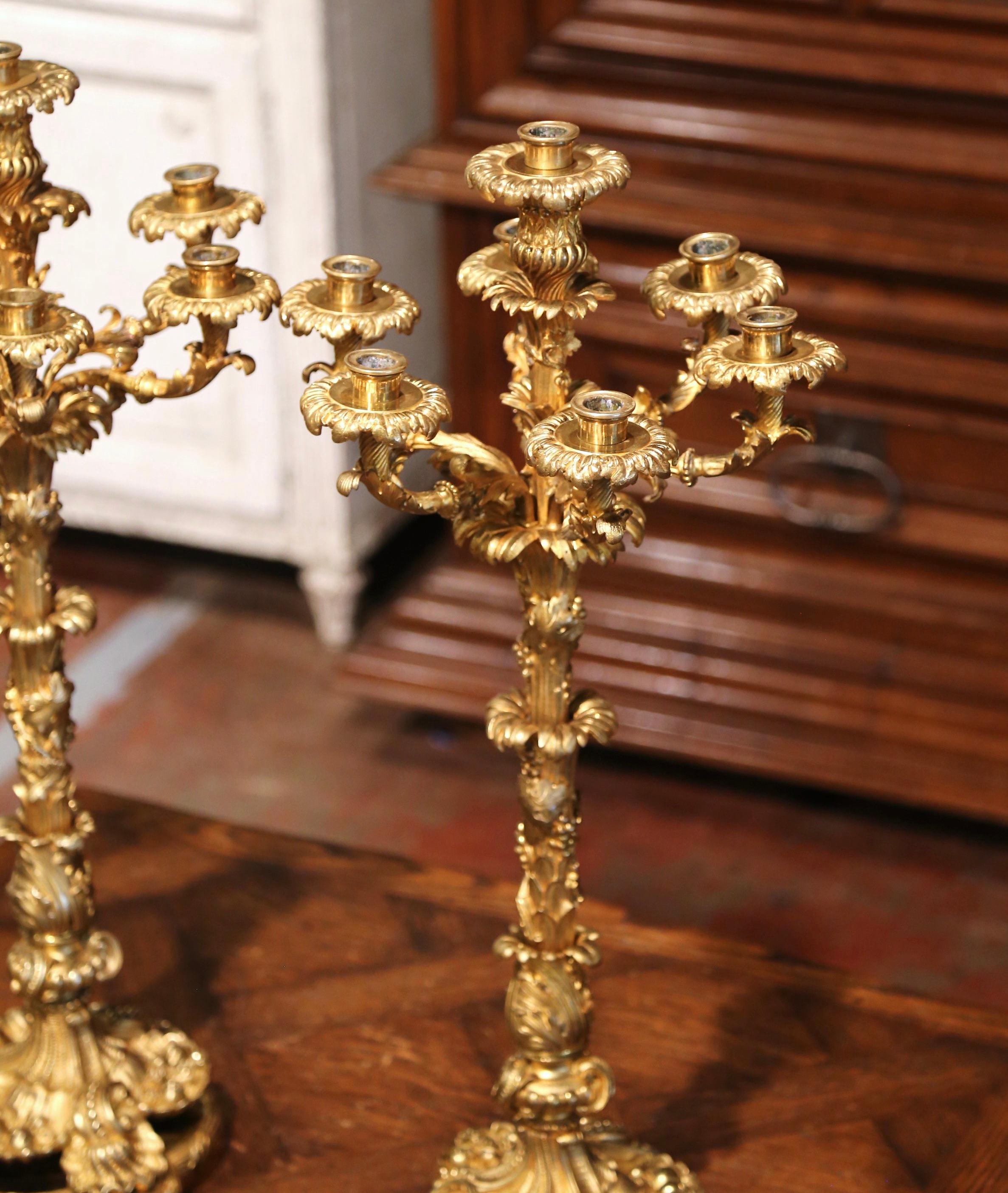 Pair of 19th Century French Louis XV Bronze Dore Seven-Light Candelabras 1