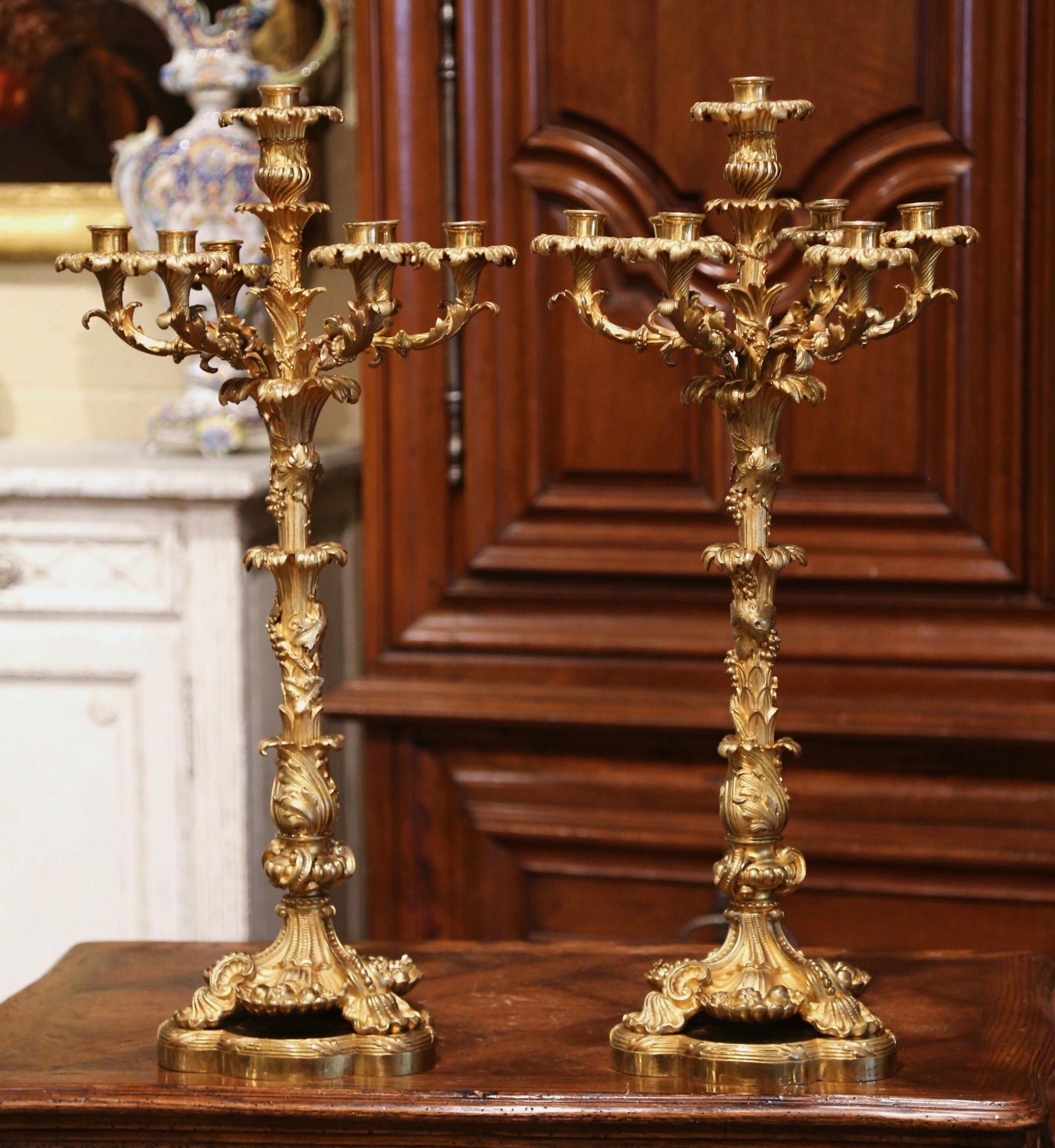 Pair of 19th Century French Louis XV Bronze Dore Seven-Light Candelabras 2