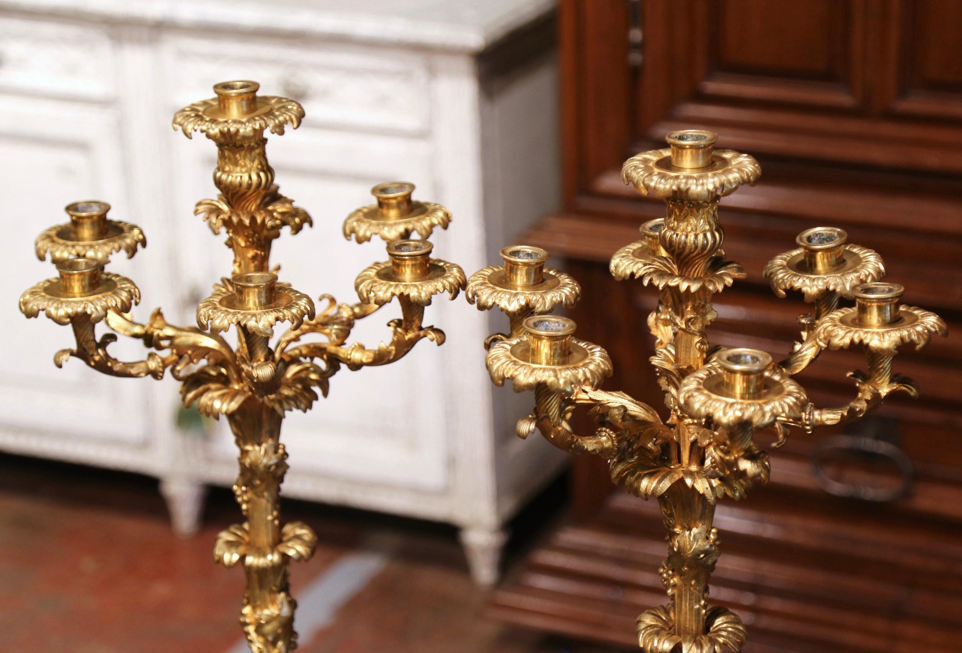 Pair of 19th Century French Louis XV Bronze Dore Seven-Light Candelabras 5