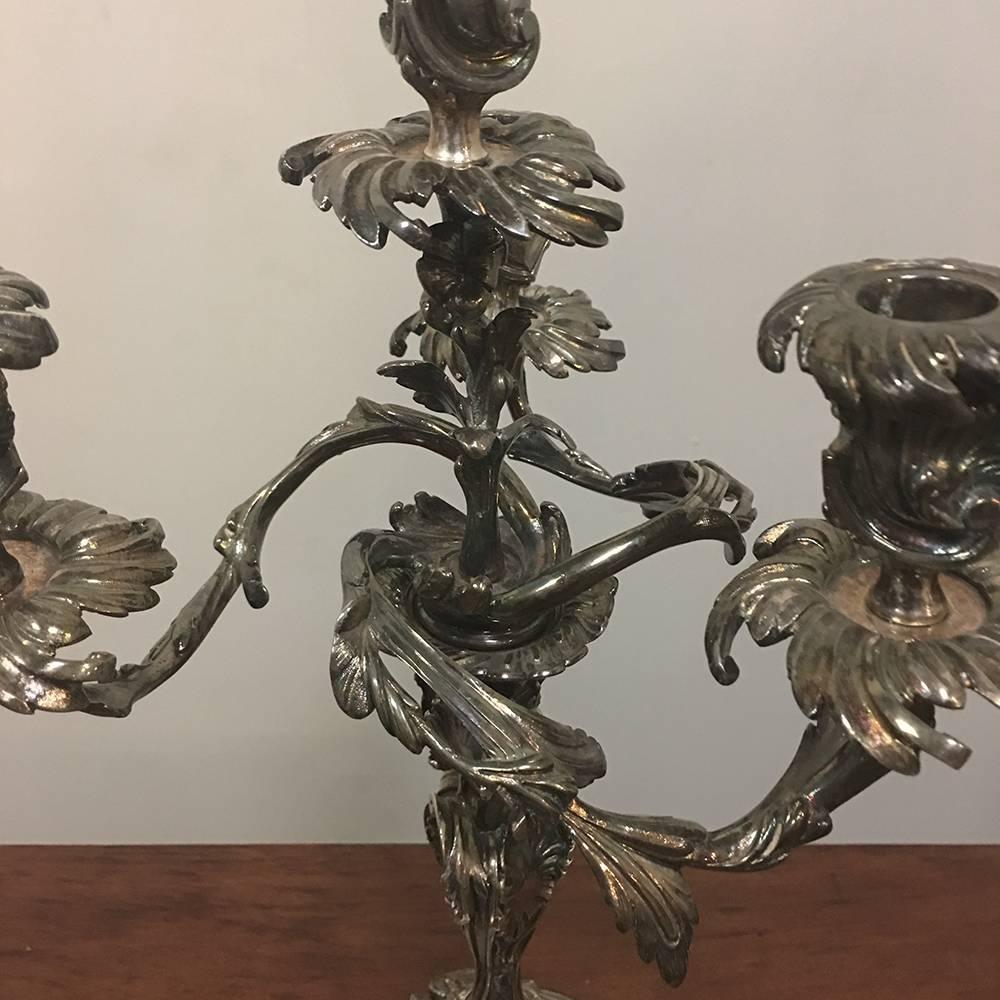 Late 19th Century Pair of 19th Century French Louis XV Bronze Silvered Bronze Candelabra For Sale