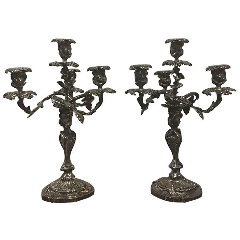 Paire de candélabres français Louis XV du 19ème siècle en bronze et bronze argenté