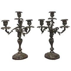 Coppia di candelabri francesi in bronzo argentato Luigi XV del XIX secolo