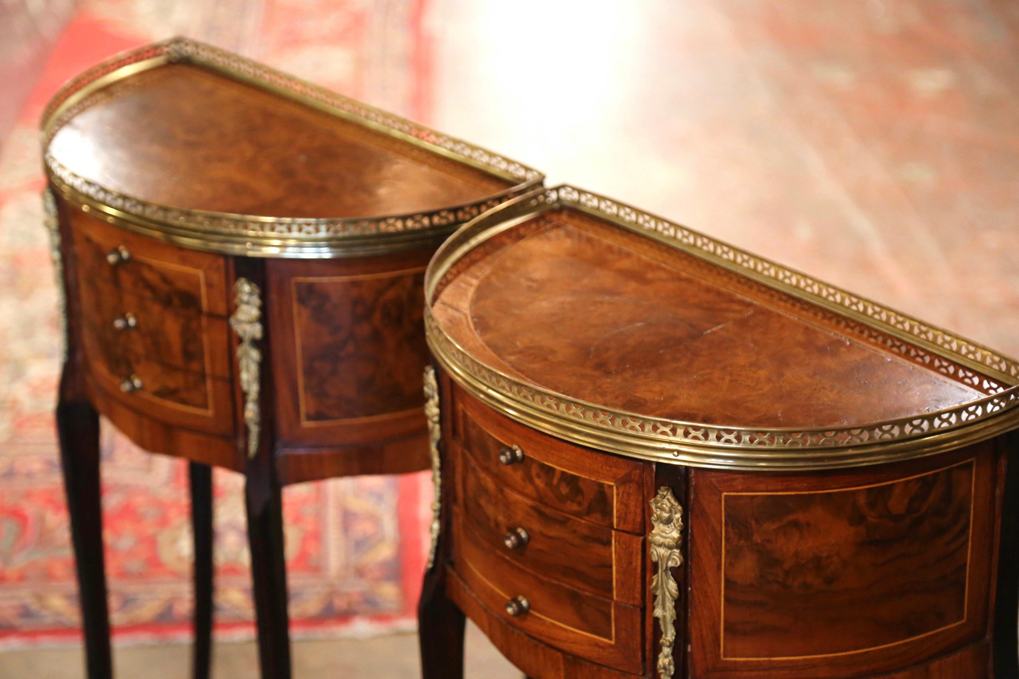 Hand-Carved Pair of 19th Century French Louis XV Burl Walnut Demi-Lune Bedside Tables