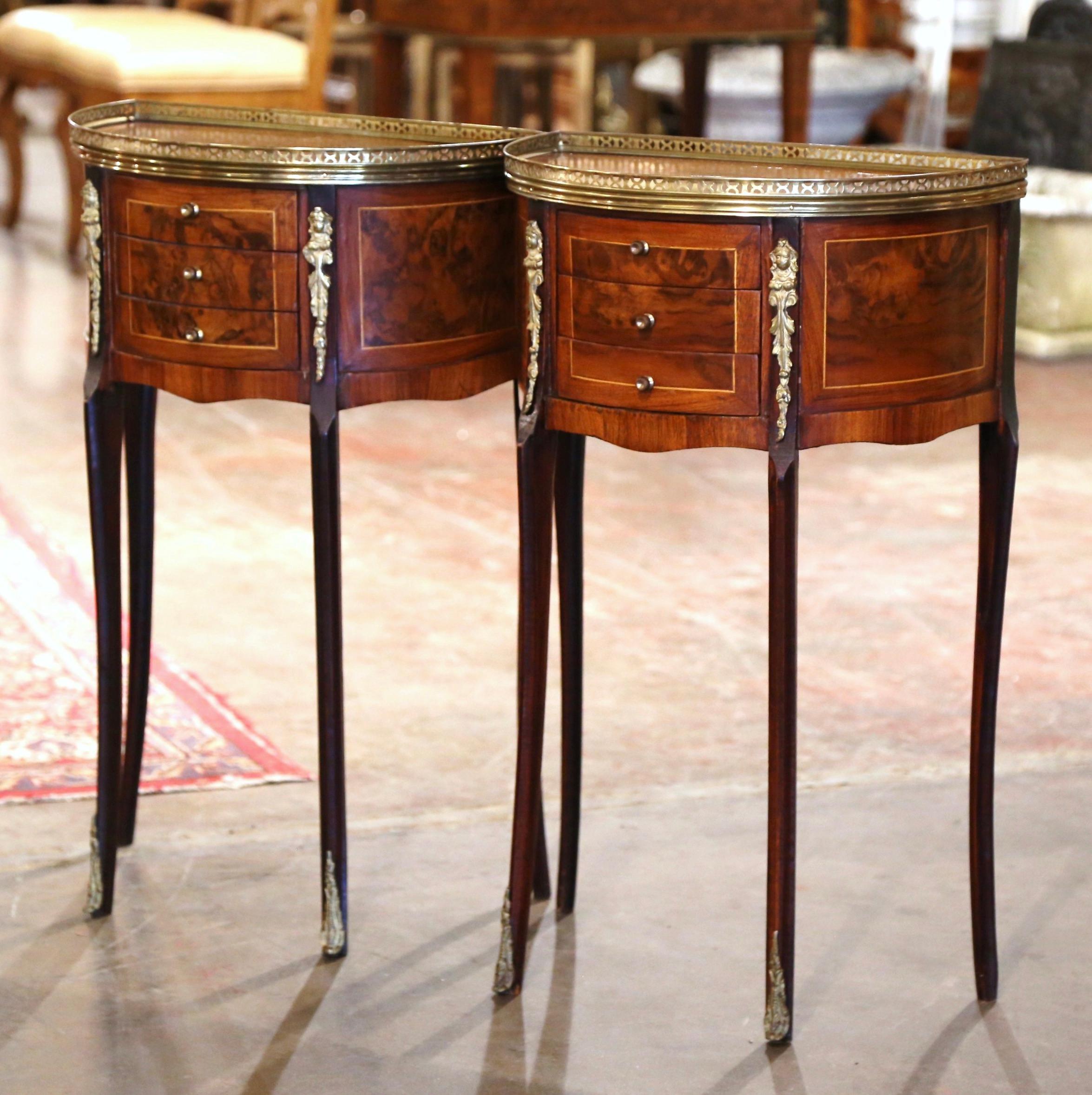 Brass Pair of 19th Century French Louis XV Burl Walnut Demi-Lune Bedside Tables