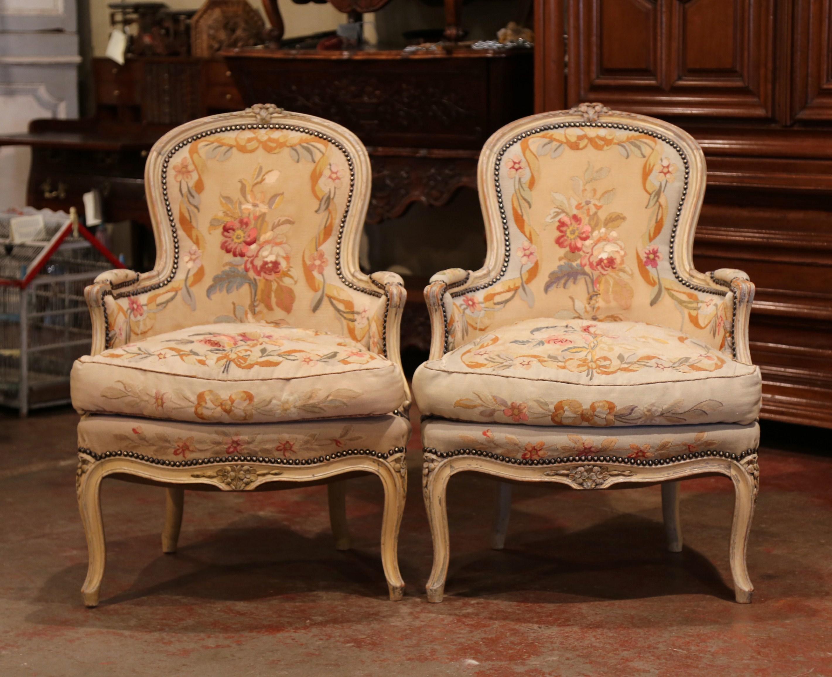 Hand-Painted Pair of 19th Century French Louis XV Carved Armchairs with Aubusson Tapestry
