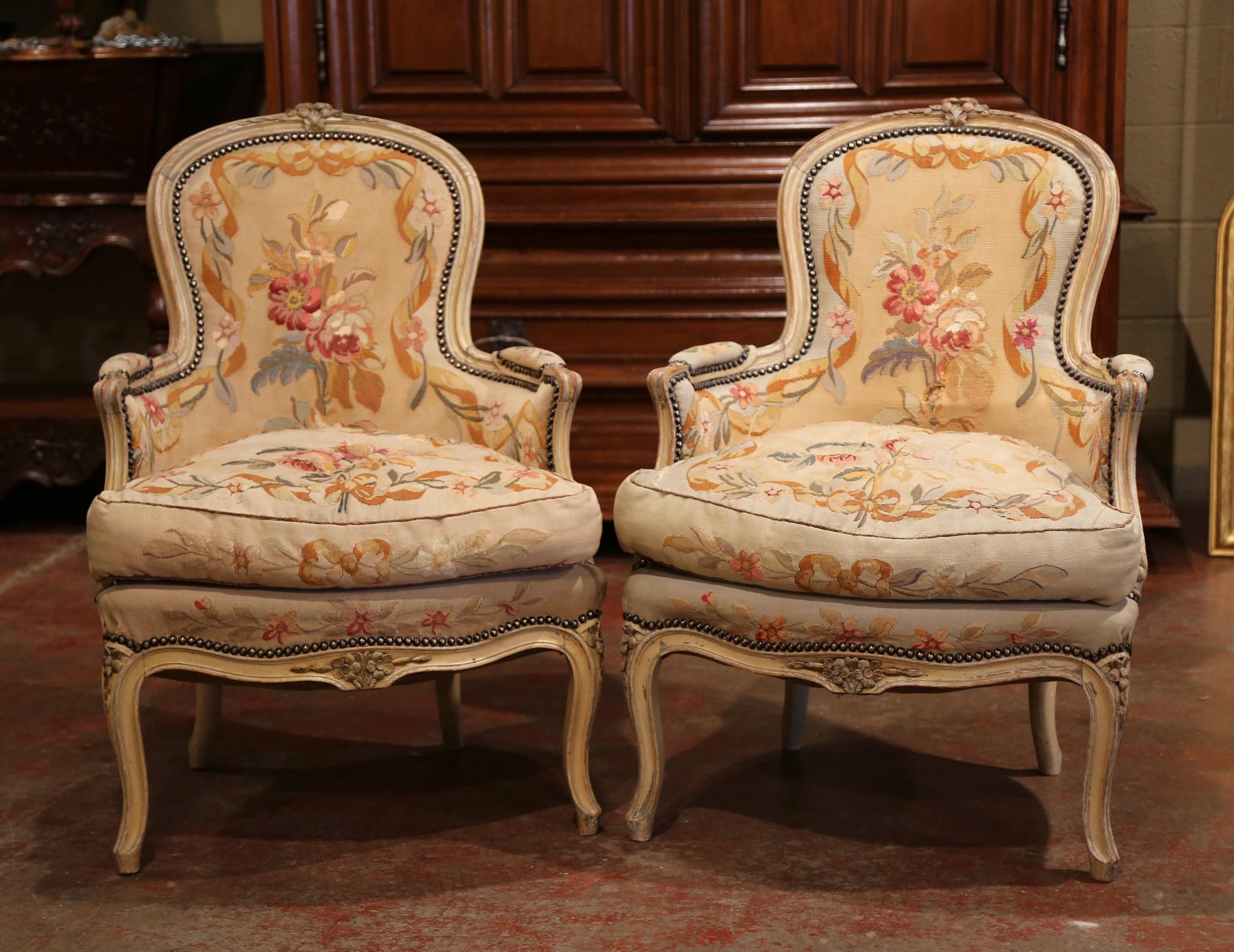 Pair of 19th Century French Louis XV Carved Armchairs with Aubusson Tapestry 1