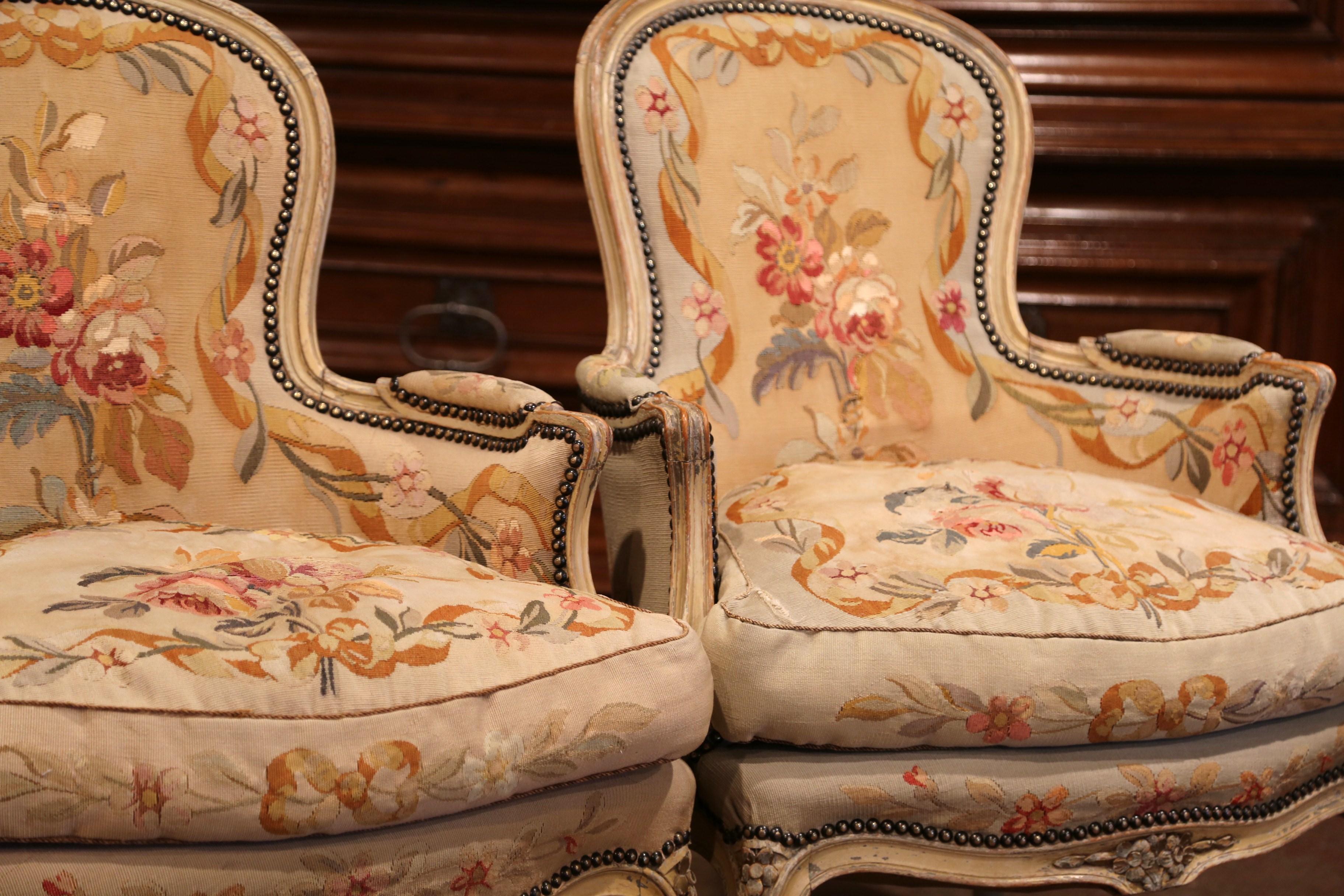 Pair of 19th Century French Louis XV Carved Armchairs with Aubusson Tapestry 2