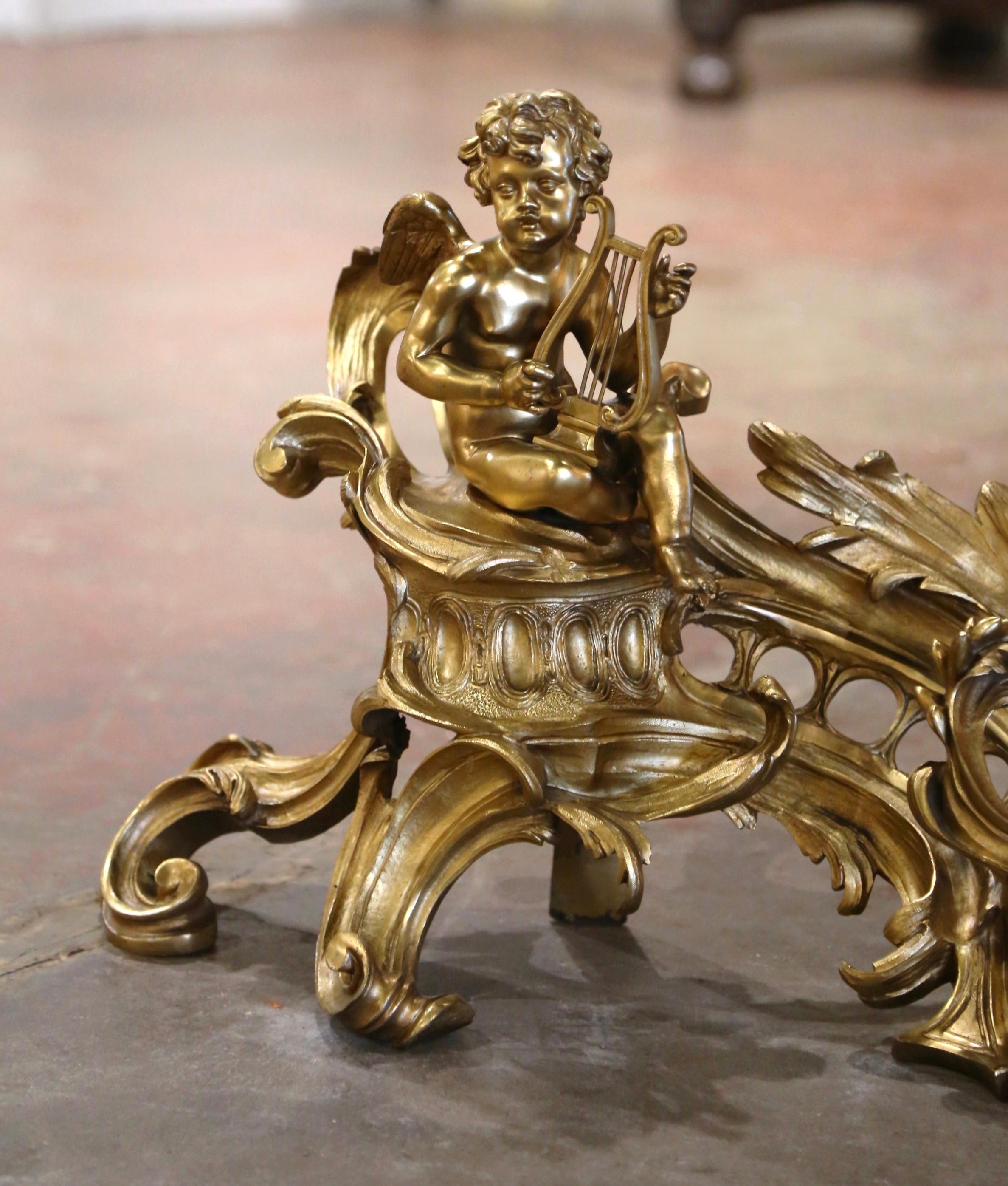 Gilt Pair of 19th Century French Louis XV  Carved Bronze Dores Chenets with Cherubs