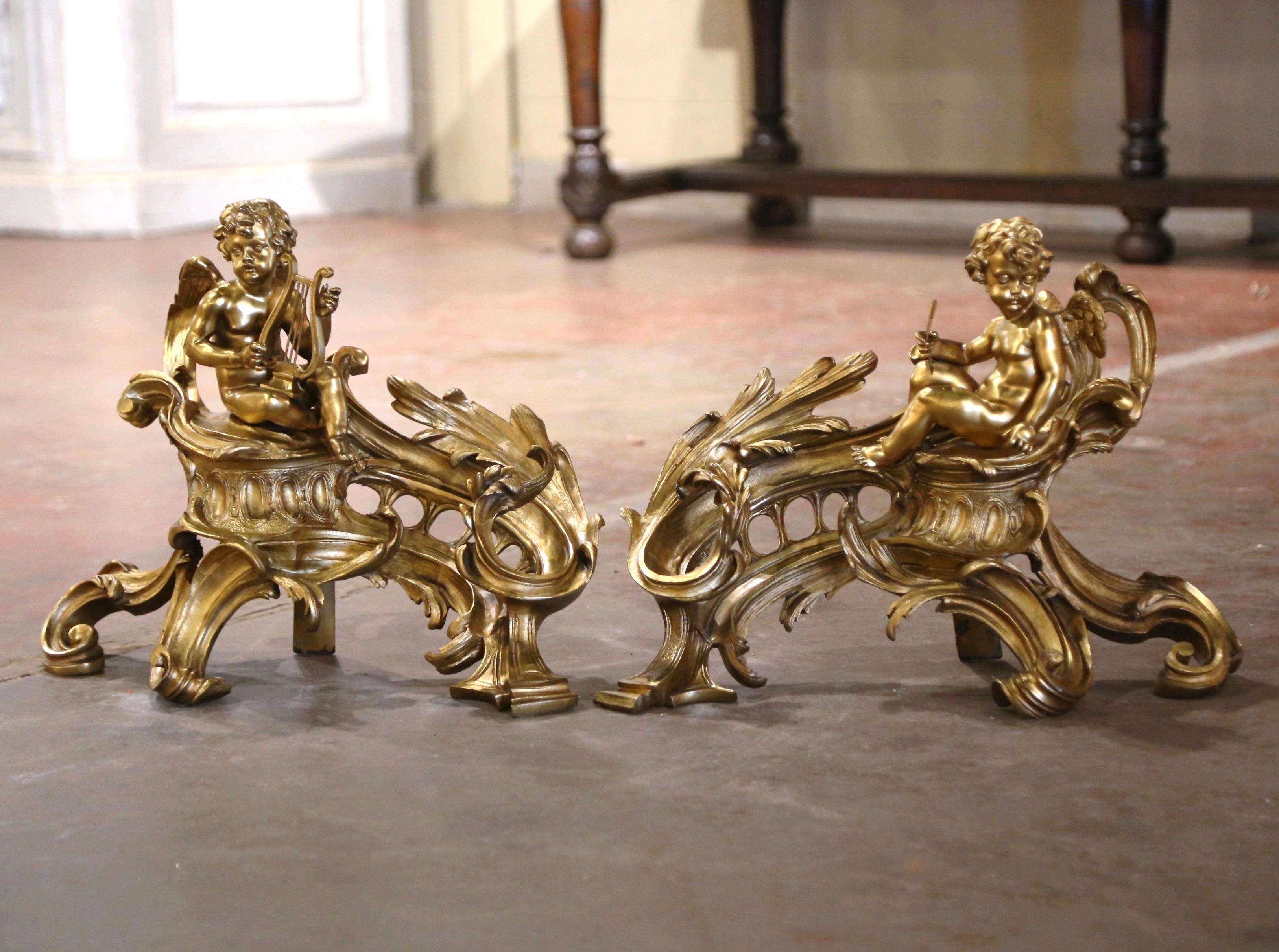 Pair of 19th Century French Louis XV  Carved Bronze Dores Chenets with Cherubs 1