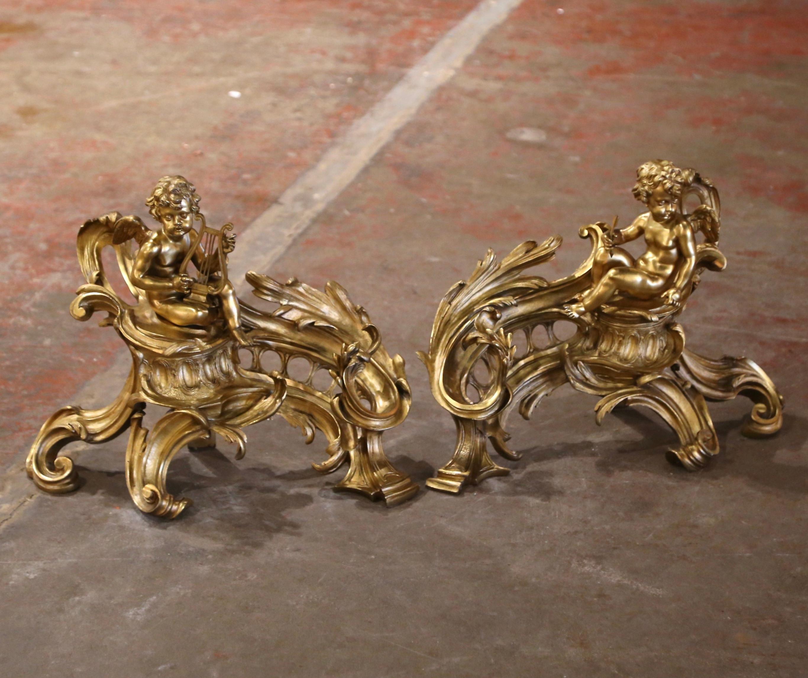 Pair of 19th Century French Louis XV  Carved Bronze Dores Chenets with Cherubs 2