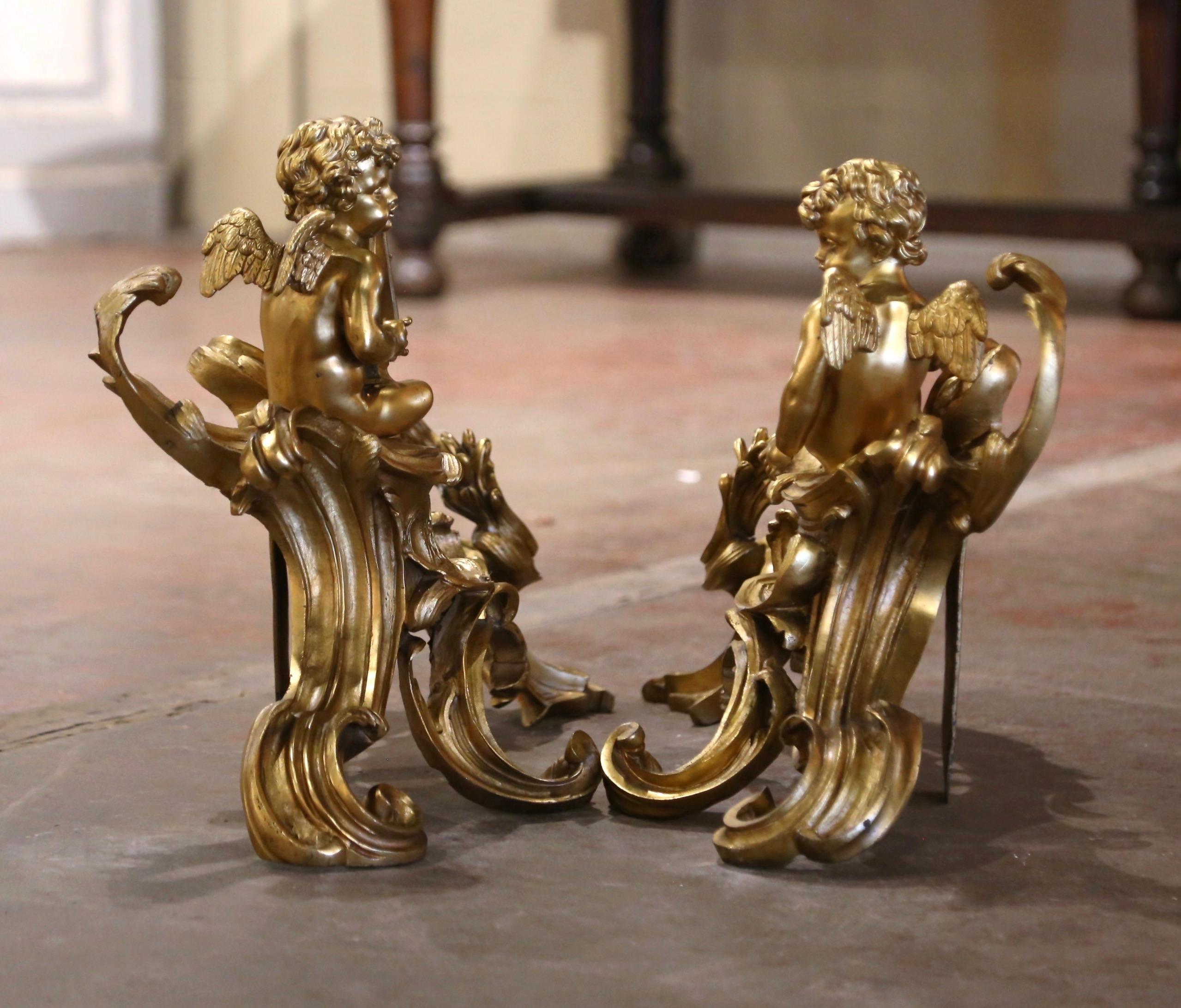 Pair of 19th Century French Louis XV  Carved Bronze Dores Chenets with Cherubs 3