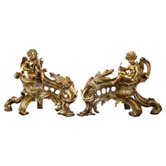Pair of 19th Century French Louis XV Carved Bronze Dores Chenets with Cherubs