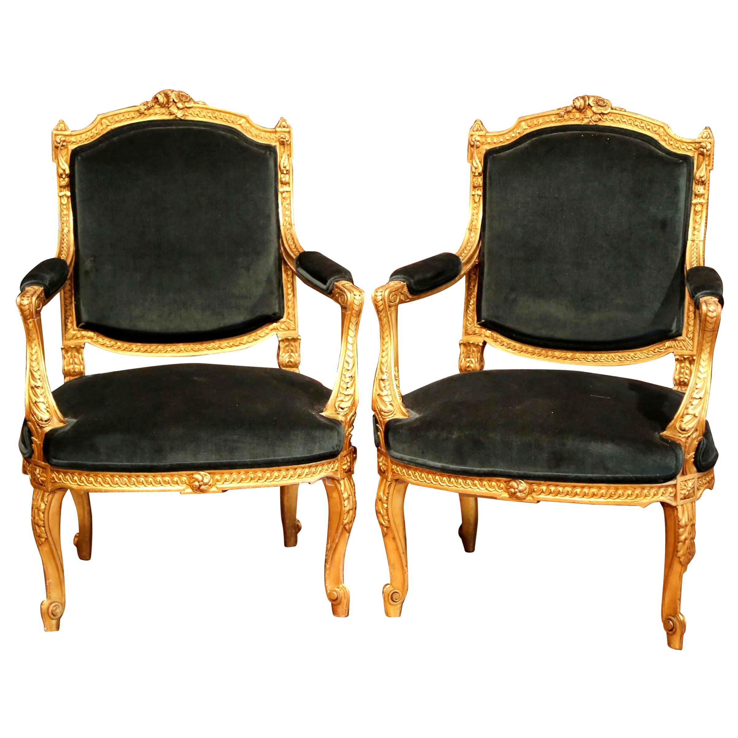 Pair of 19th Century French Louis XV Carved Giltwood Bergères with Green Velvet
