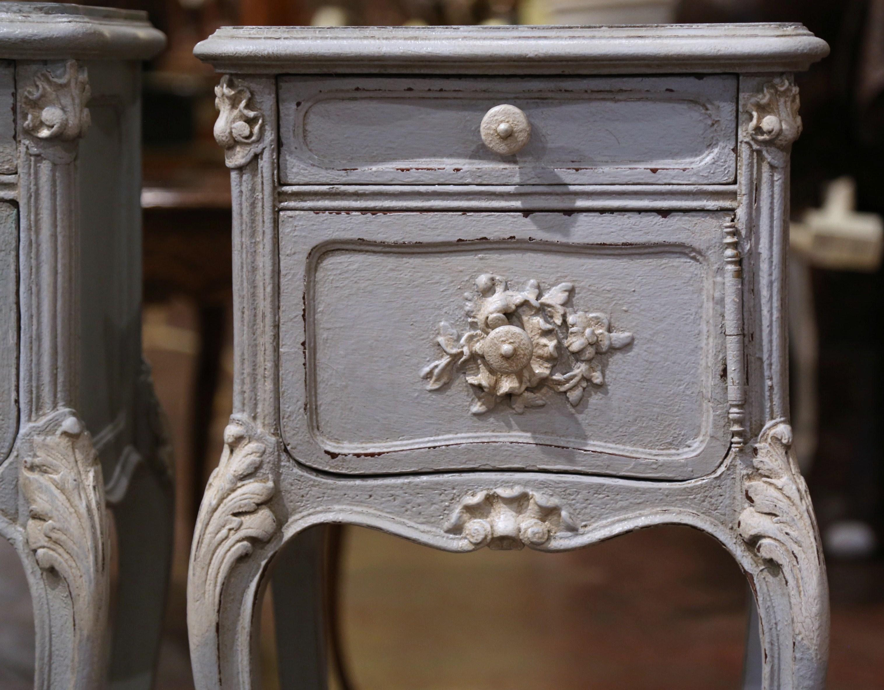 Hand-Carved Pair of 19th Century French Louis XV Carved Painted Nightstands with Marble Top