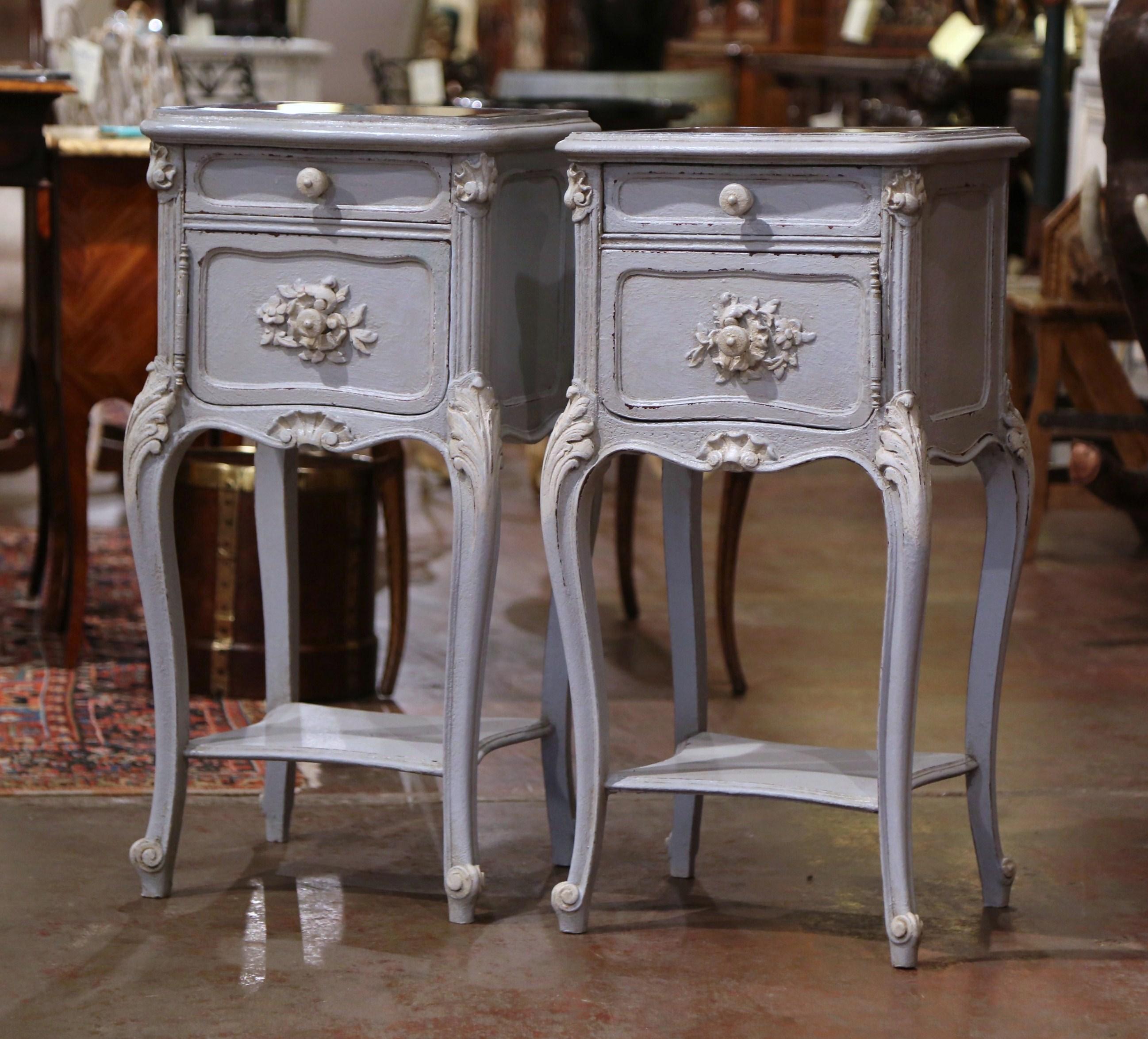 Pair of 19th Century French Louis XV Carved Painted Nightstands with Marble Top 1