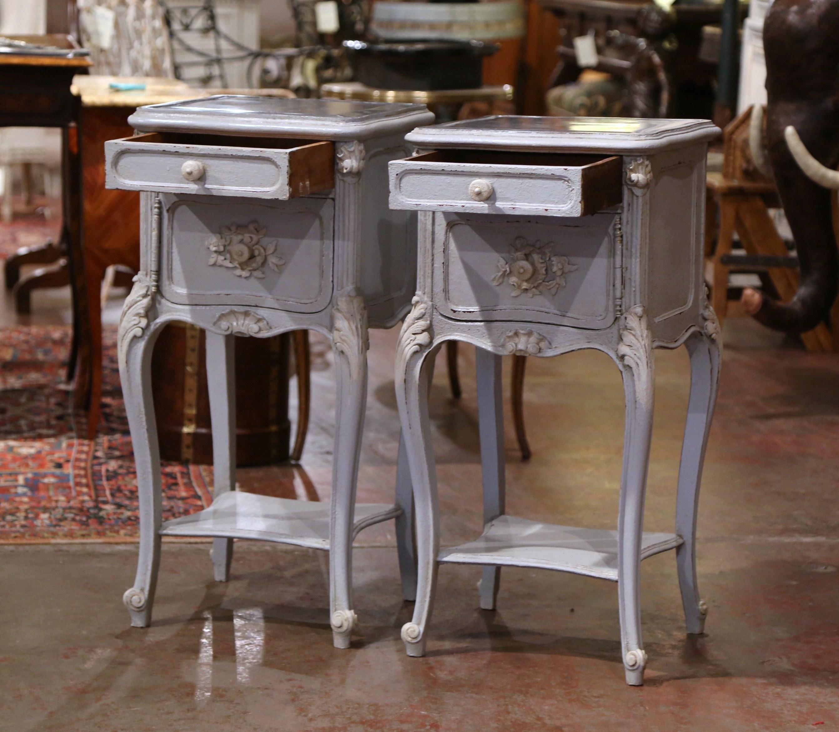 Pair of 19th Century French Louis XV Carved Painted Nightstands with Marble Top 2