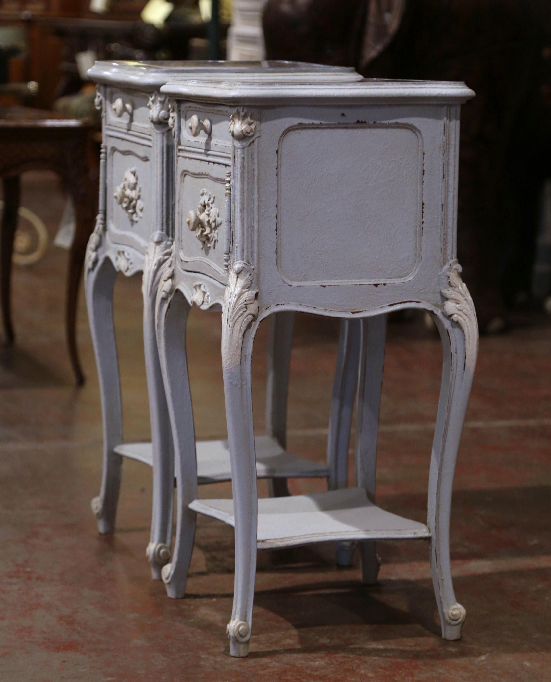 Pair of 19th Century French Louis XV Carved Painted Nightstands with Marble Top 4