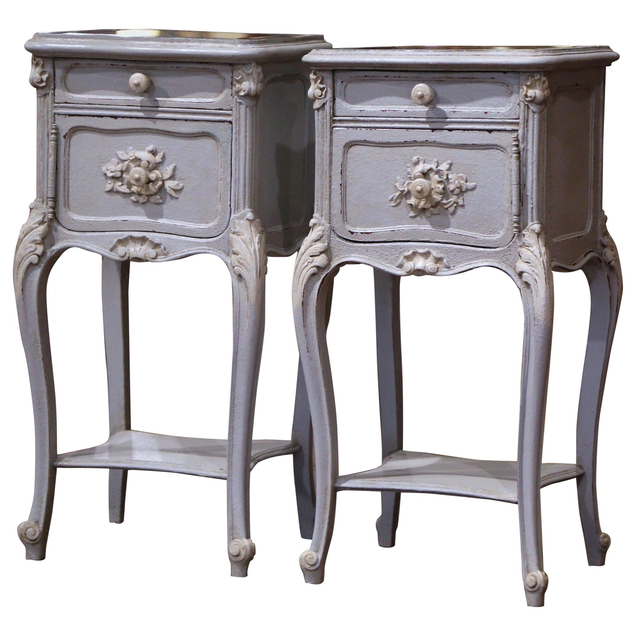Pair of 19th Century French Louis XV Carved Painted Nightstands with Marble Top