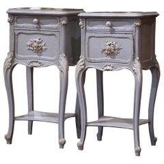 Antique Pair of 19th Century French Louis XV Carved Painted Nightstands with Marble Top
