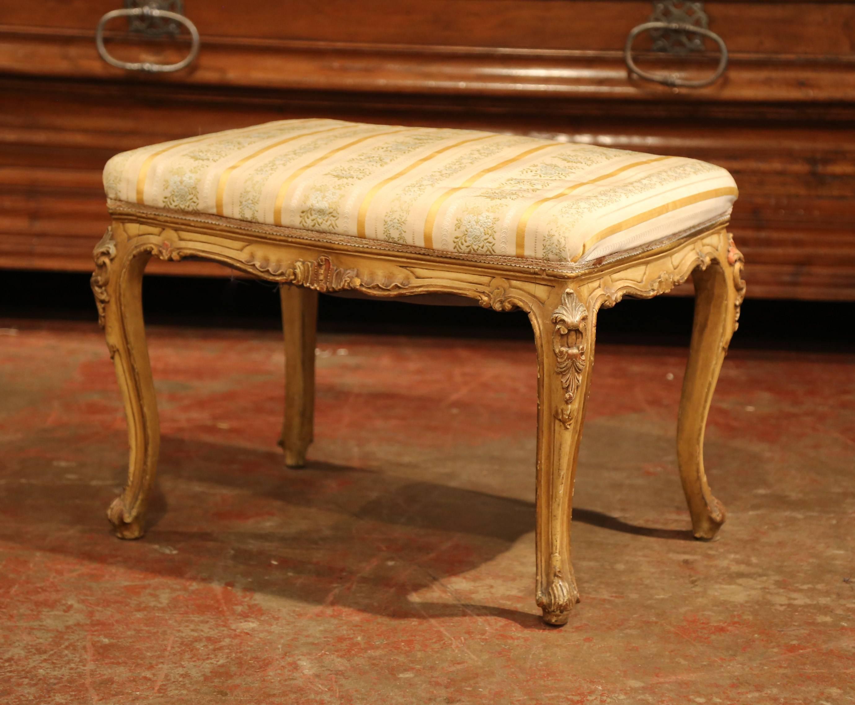 Hand-Carved Pair of 19th Century French Louis XV Carved Painted Stools with Silk Fabric