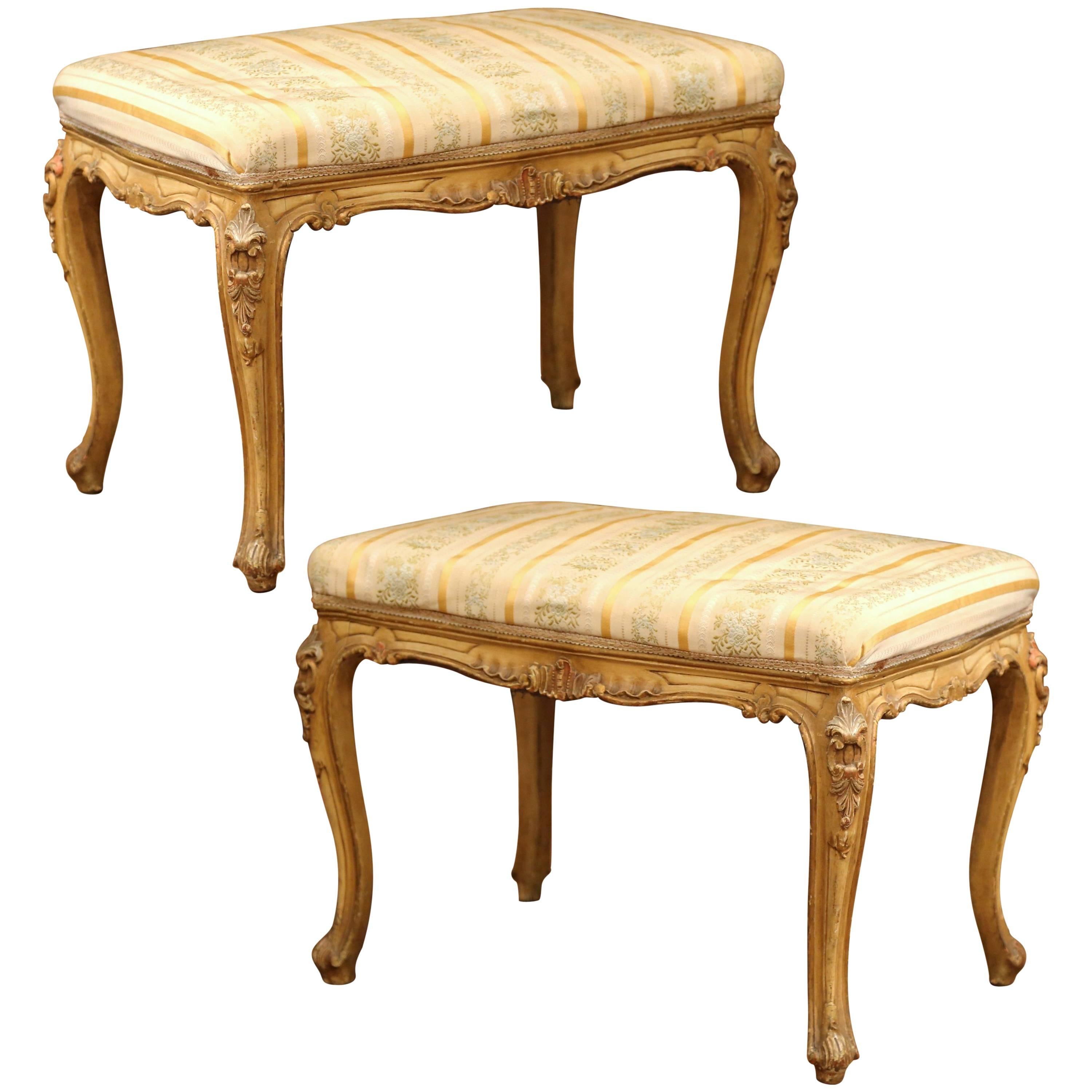 Pair of 19th Century French Louis XV Carved Painted Stools with Silk Fabric