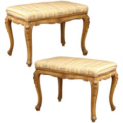 Pair of 19th Century French Louis XV Carved Painted Stools with Silk Fabric