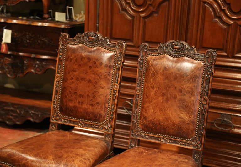 Pair of 19th Century French Louis XV Carved Walnut Chairs with Embossed ...