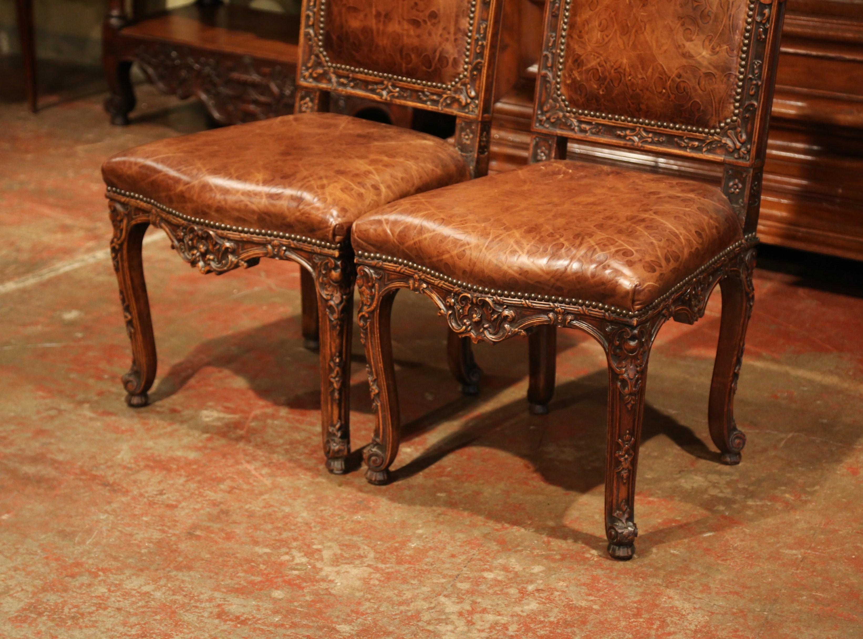 Pair of 19th Century French Louis XV Carved Walnut Chairs with Embossed Leather 2