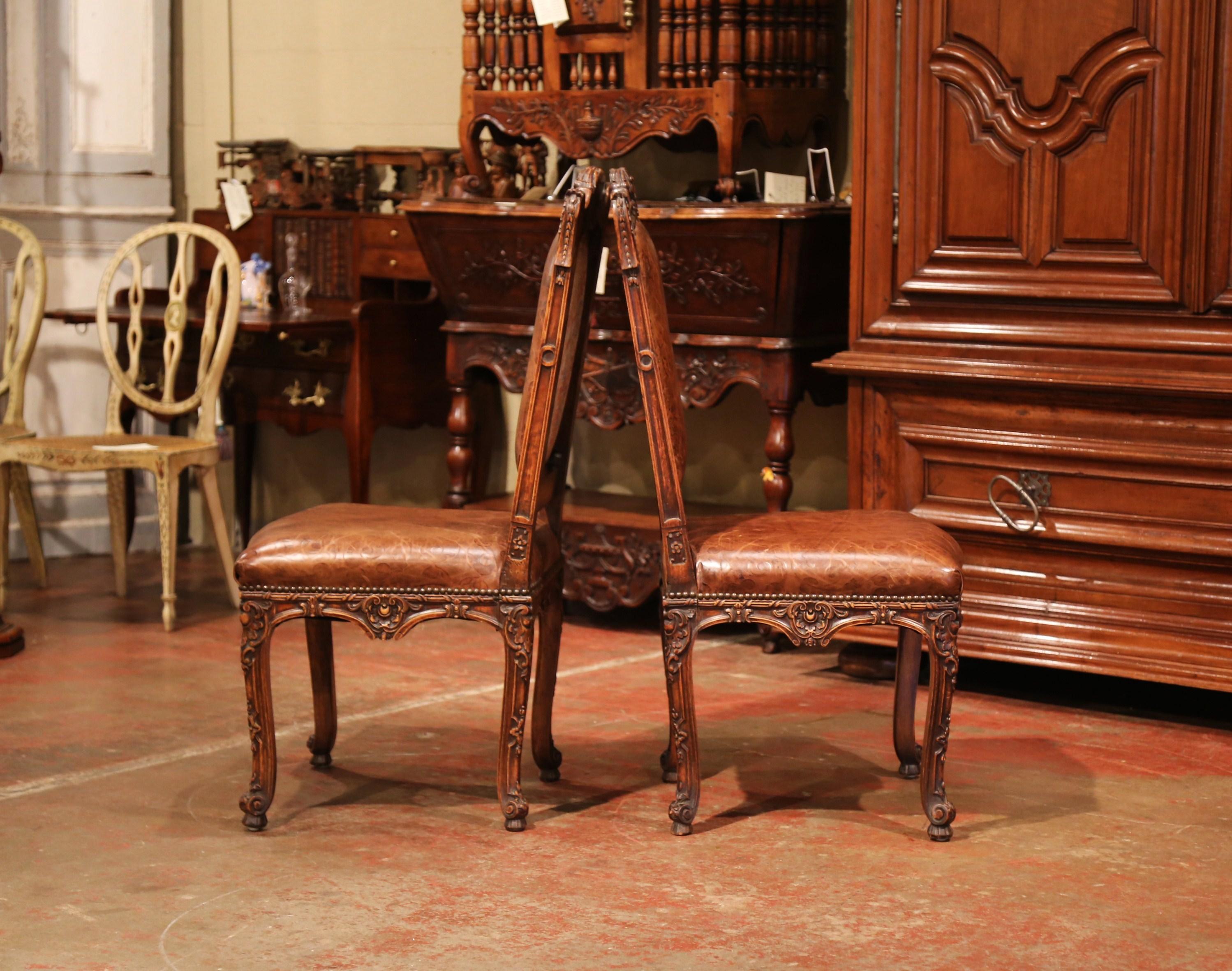 Pair of 19th Century French Louis XV Carved Walnut Chairs with Embossed Leather 3