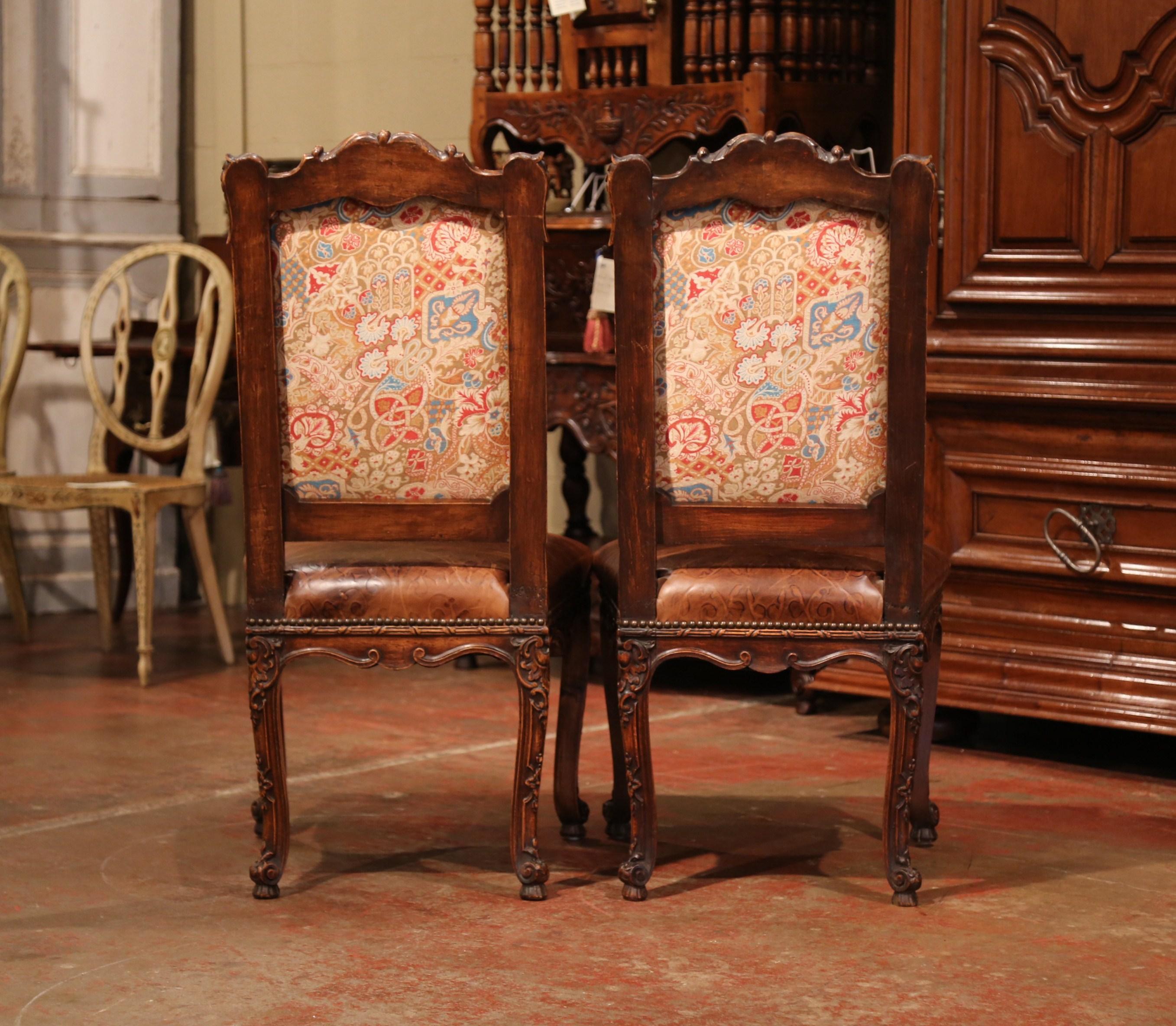 Pair of 19th Century French Louis XV Carved Walnut Chairs with Embossed Leather 4