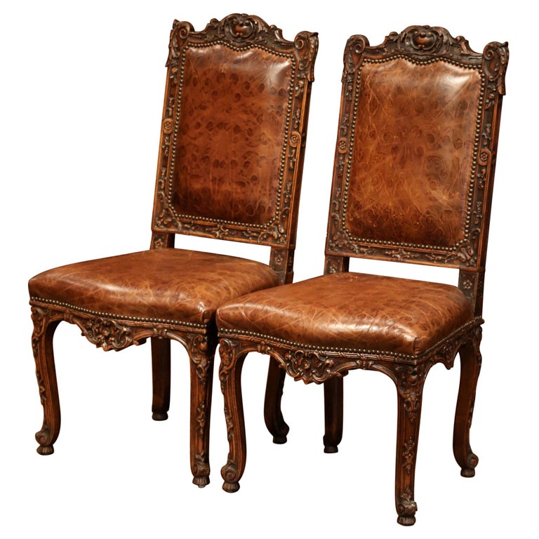 Pair of 19th Century French Louis XV Carved Walnut Chairs with Embossed ...