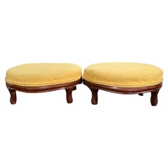 Pair of 19th Century French Louis XV Carved Walnut Upholstered Foot Stools