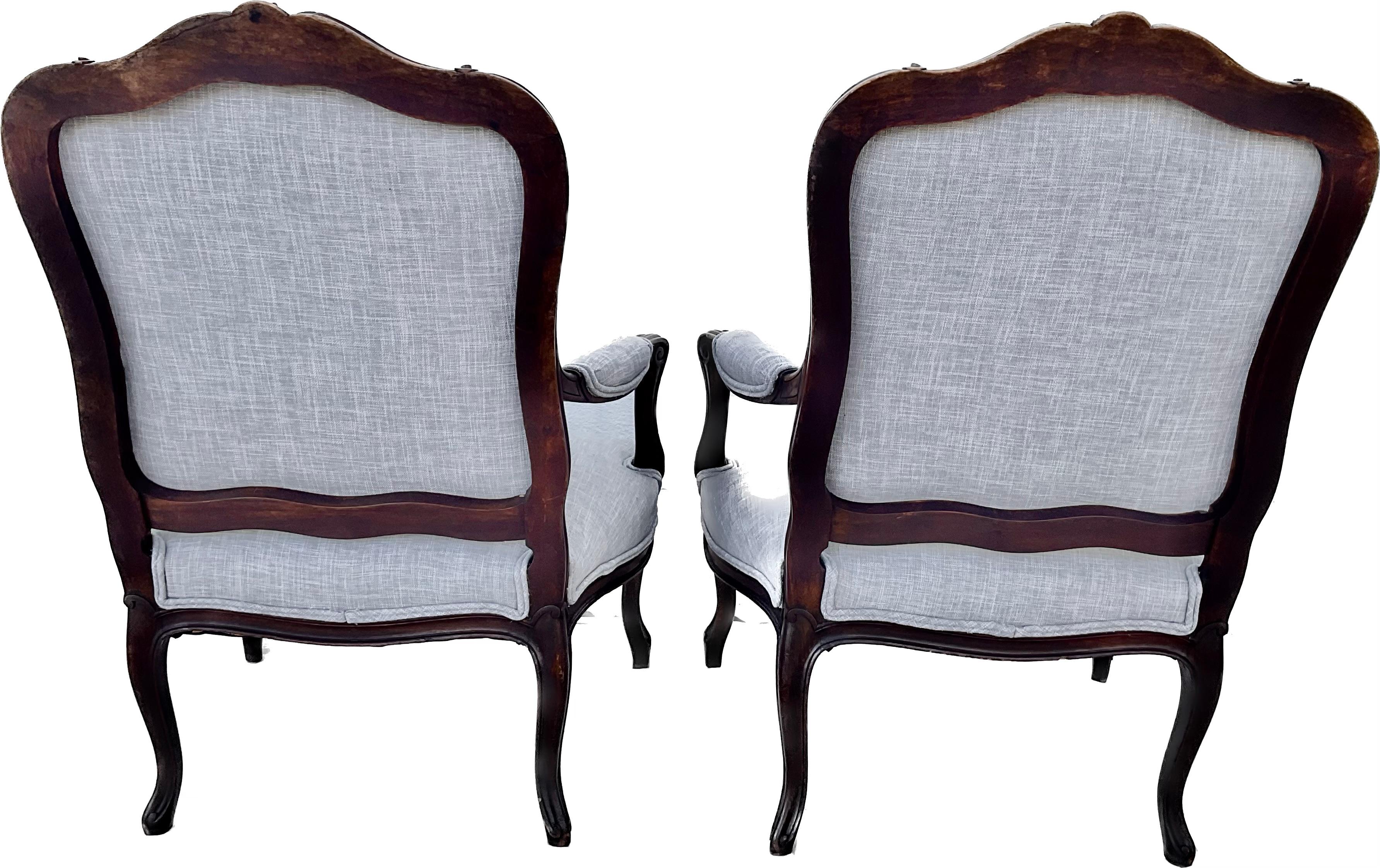 Pair of 19th Century French Louis XV Carved Wood And Upholstered Arm Chairs In Good Condition For Sale In Bradenton, FL