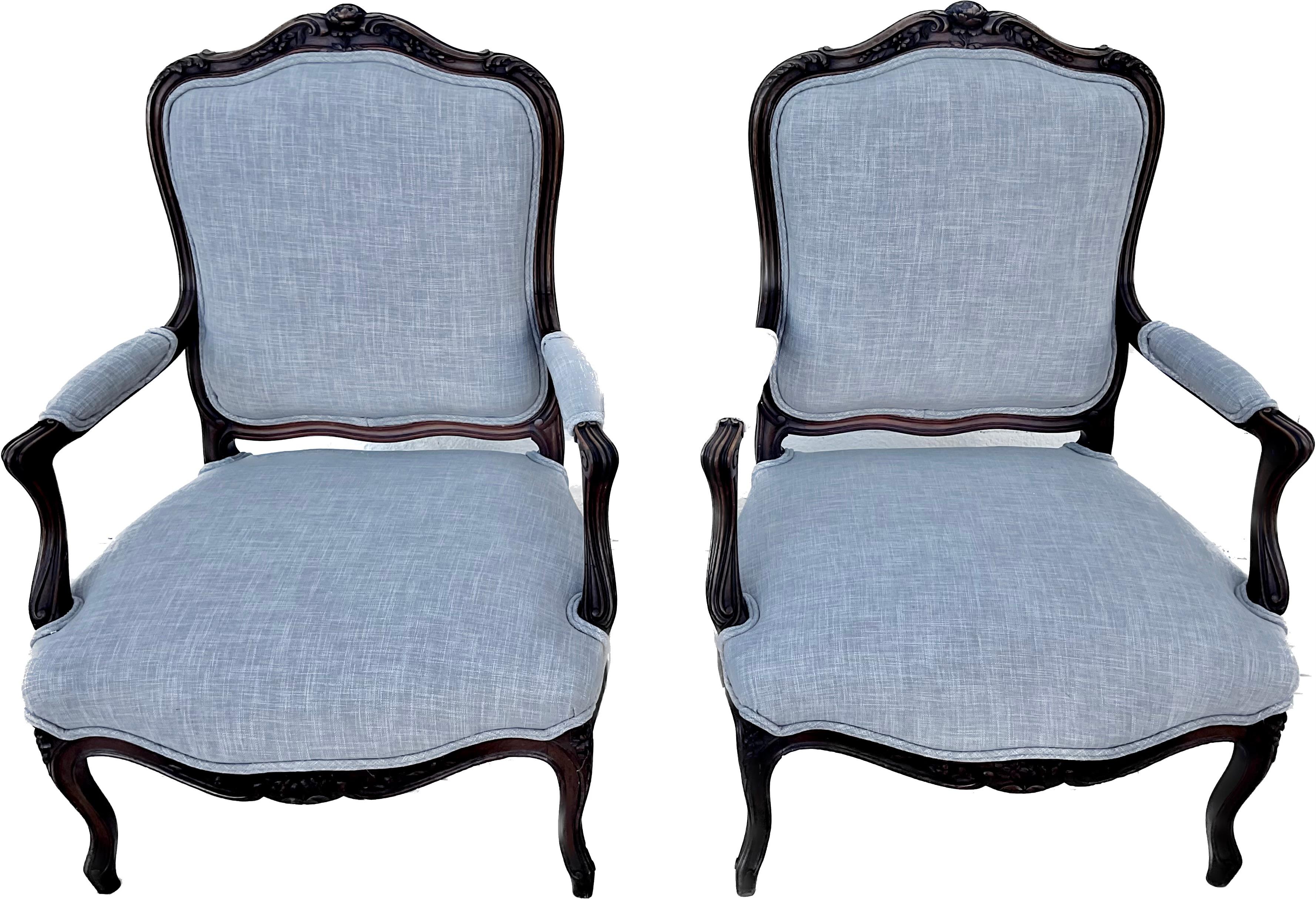 Textile Pair of 19th Century French Louis XV Carved Wood And Upholstered Arm Chairs For Sale