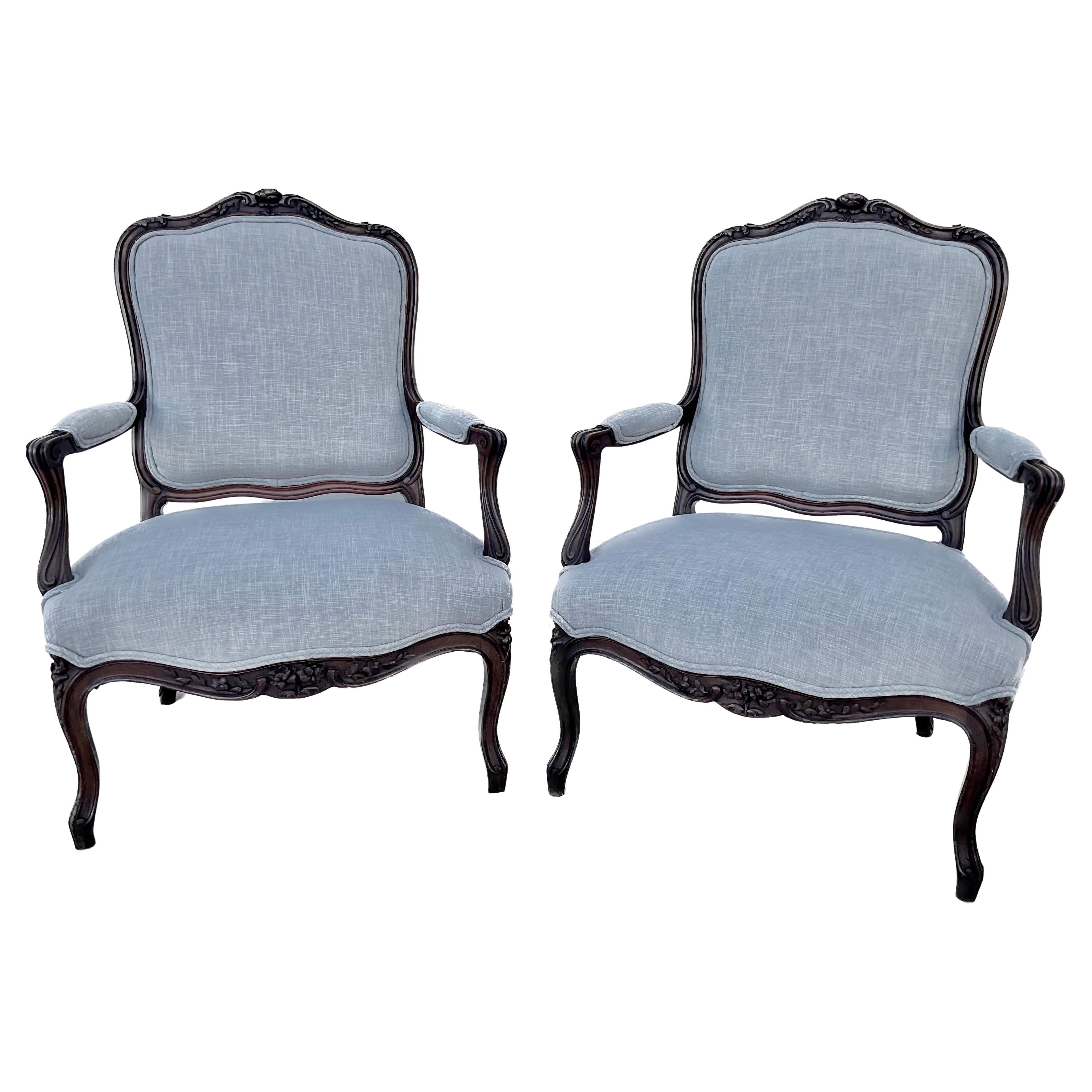 Pair of 19th Century French Louis XV Carved Wood And Upholstered Arm Chairs