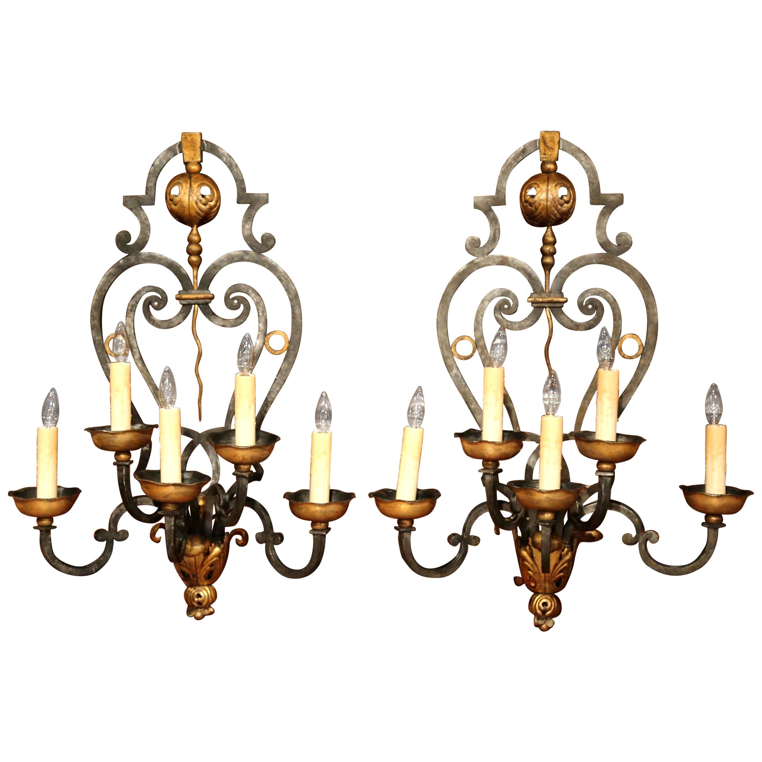 Pair of 19th Century French Louis XV Forged Iron Five-Light Wall Sconces