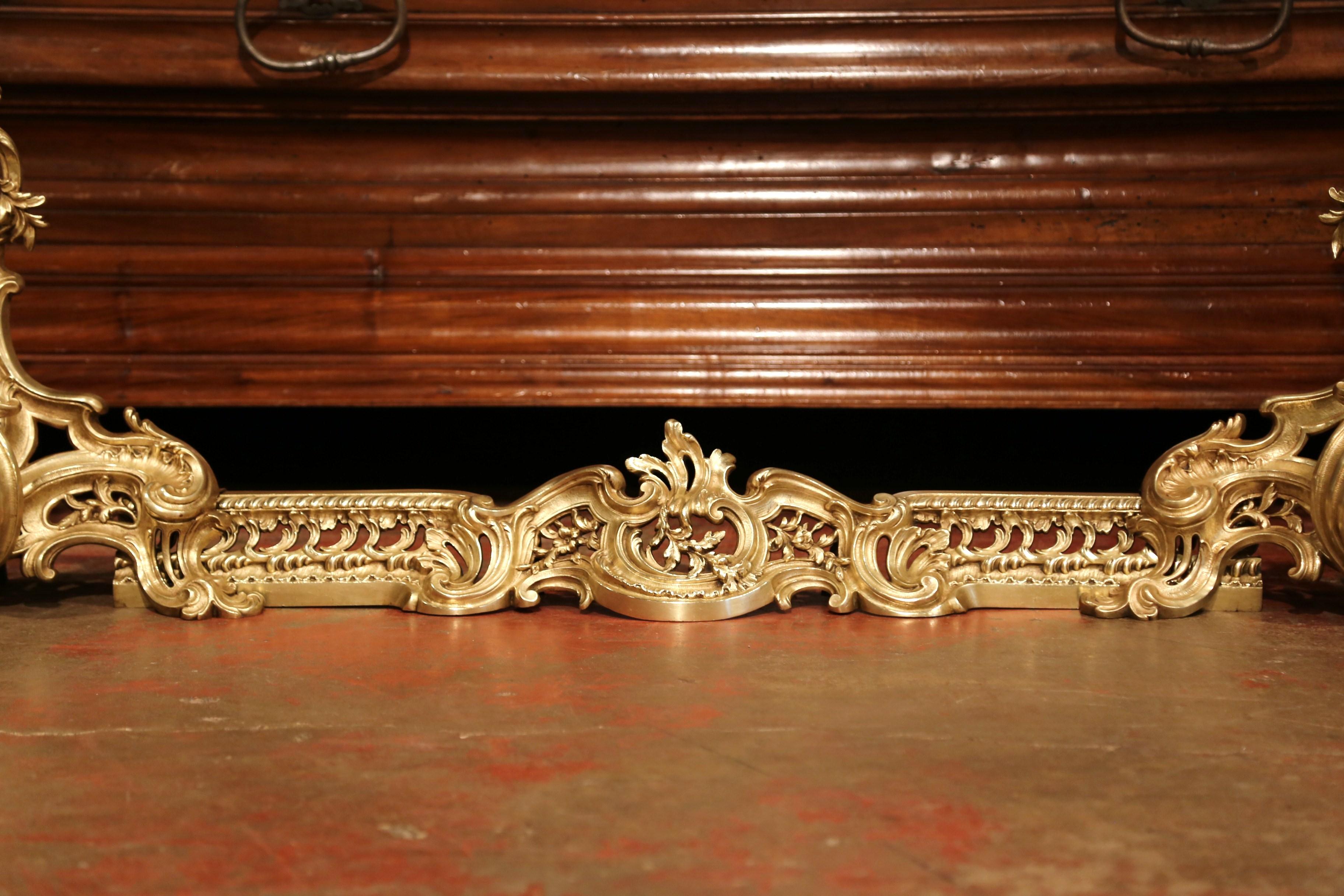 Pair of 19th Century French Louis XV Gilt Bronze Chenets with Matching Fender 1