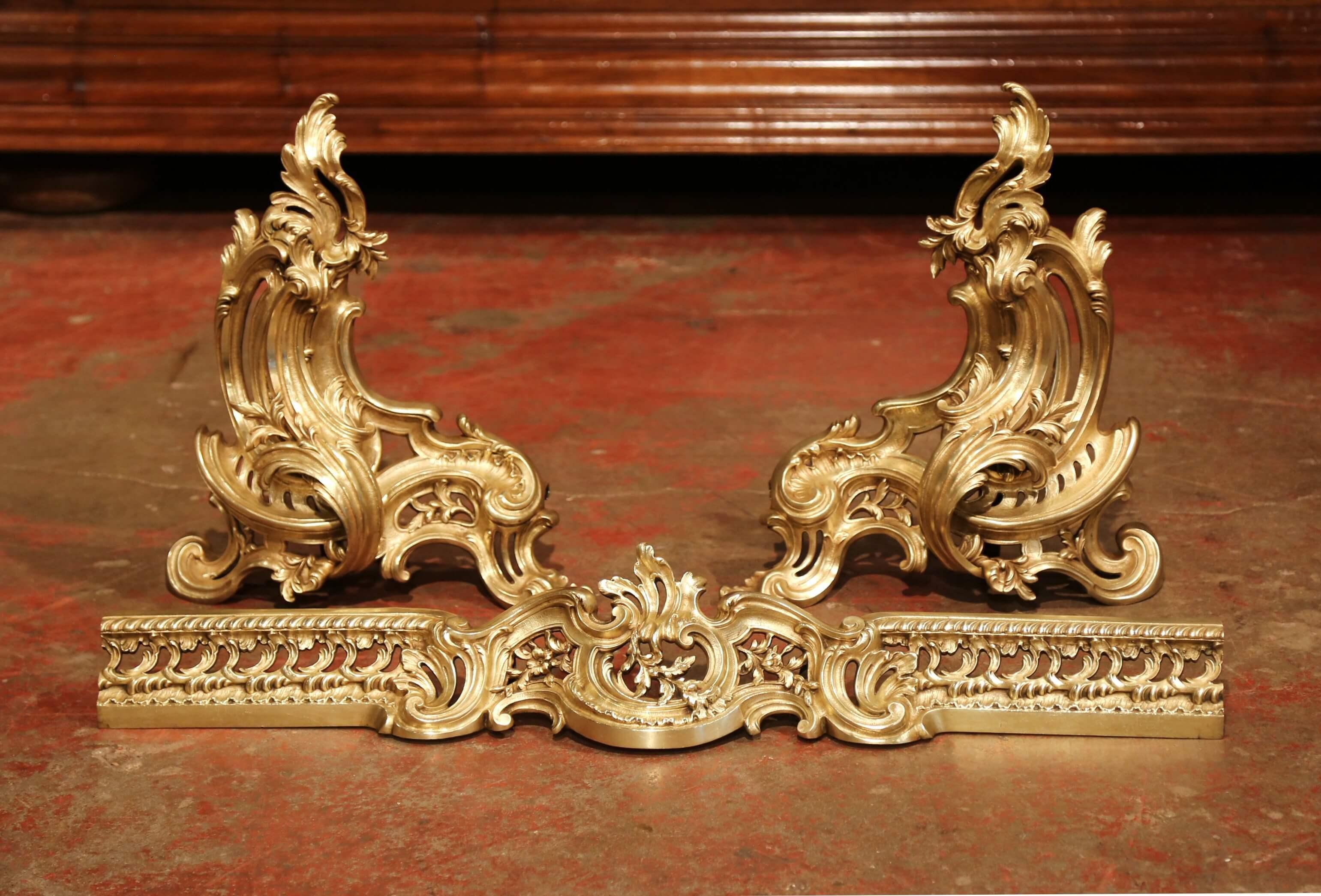 Pair of 19th Century French Louis XV Gilt Bronze Chenets with Matching Fender 2