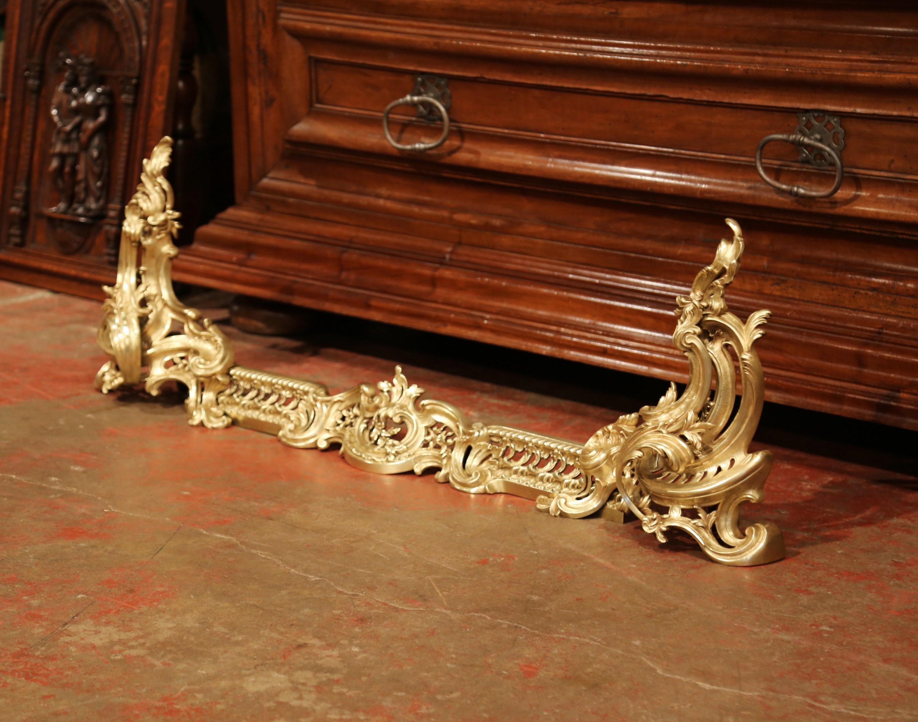 Pair of 19th Century French Louis XV Gilt Bronze Chenets with Matching Fender 3
