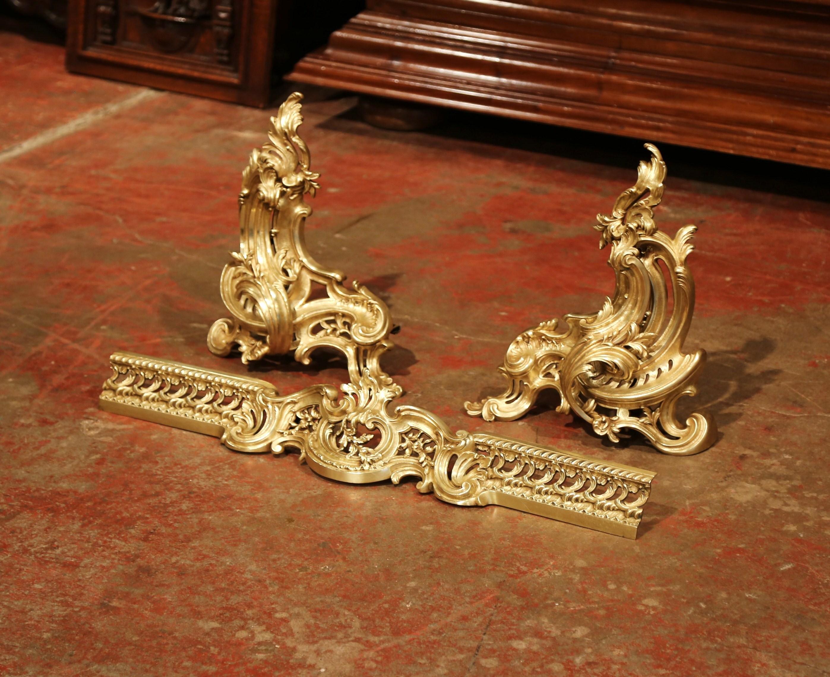Pair of 19th Century French Louis XV Gilt Bronze Chenets with Matching Fender 4